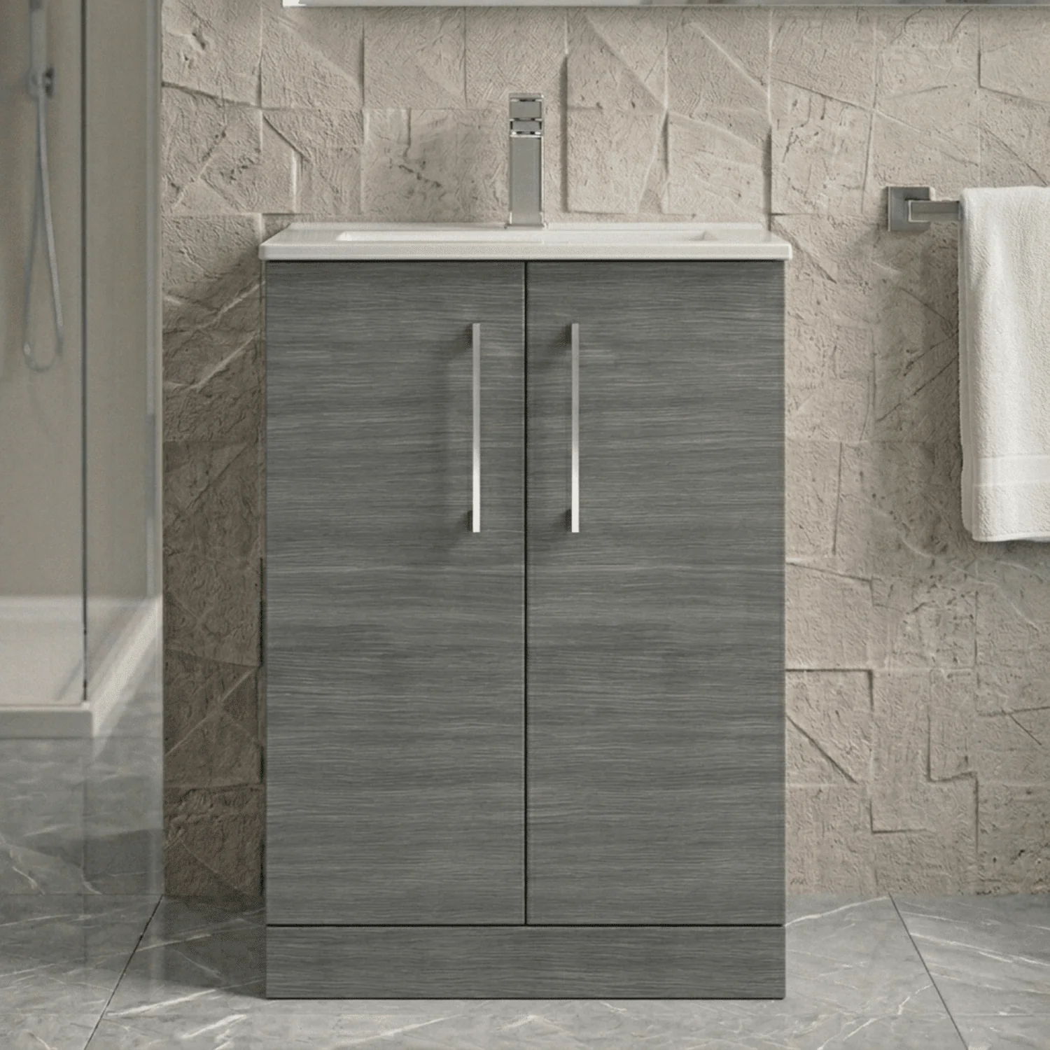 Balterley  Contemporary Bathroom 2 Soft Close Door & Minimalist Floor Standing Vanity Unit Basin, Anthracite Woodgrain, 600mm
