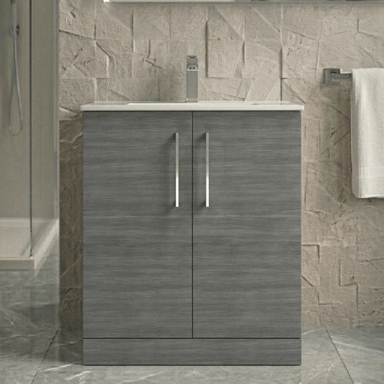 Balterley  Contemporary Bathroom 2 Soft Close Door & Minimalist Floor Standing Vanity Unit Basin, Anthracite Woodgrain, 800mm