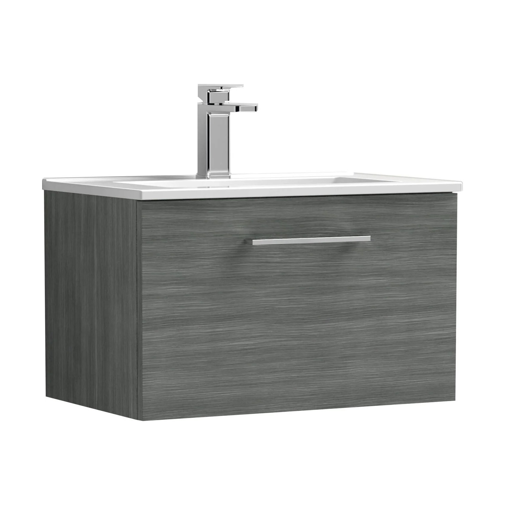 Balterley  Contemporary Bathroom 1 Soft Close Drawer & Minimalist Wall Hung Vanity Unit Basin, Anthracite Woodgrain, 600mm