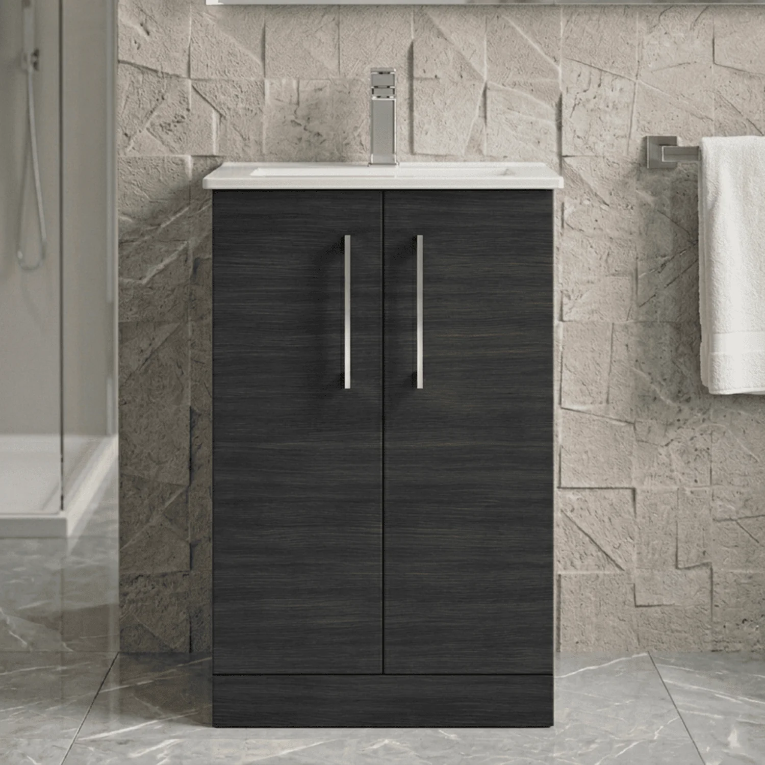 Balterley  Modern Bathroom 2 Soft Close Door Floor Standing Vanity Unit & Basin, Charcoal Black, 500mm