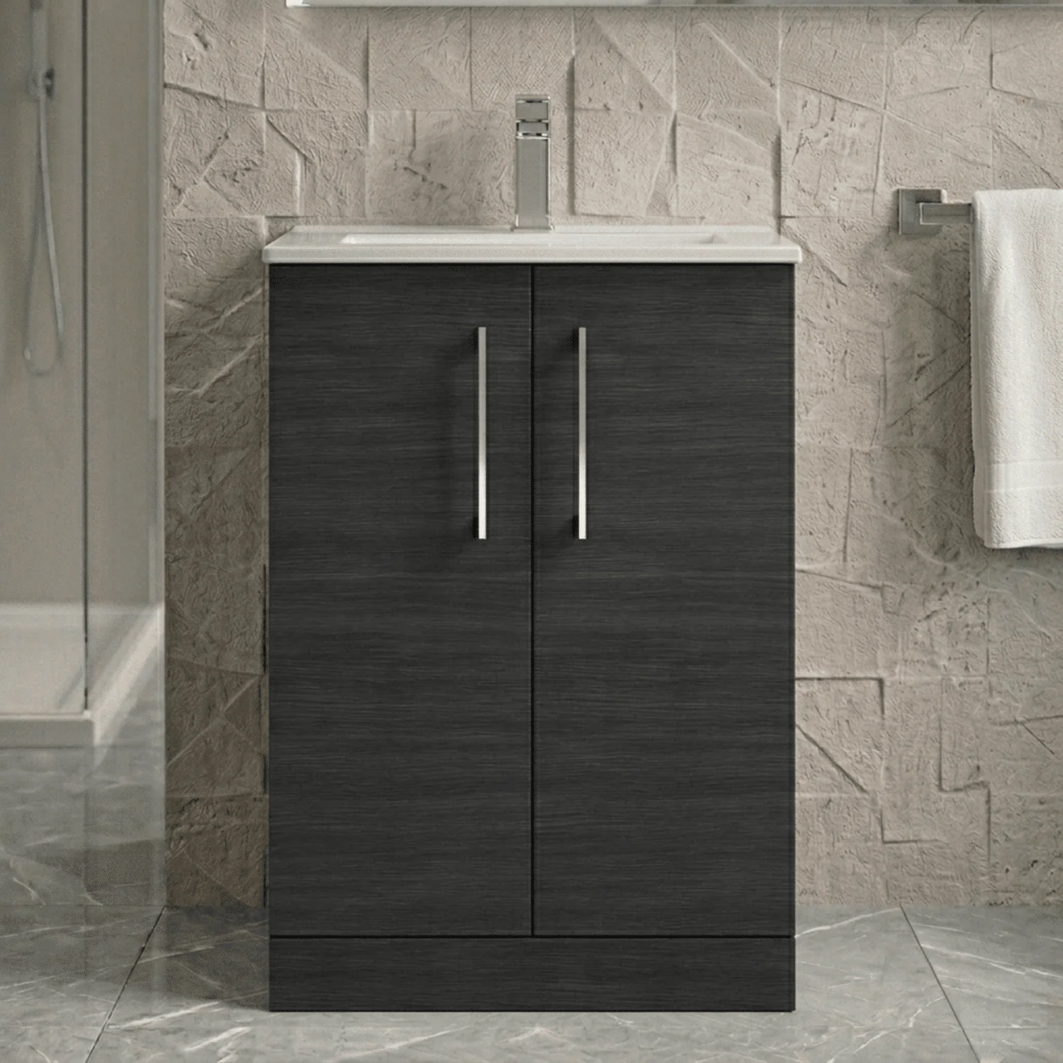 Balterley  Modern Bathroom 2 Soft Close Door Floor Standing Vanity Unit & Basin, Charcoal Black, 600mm