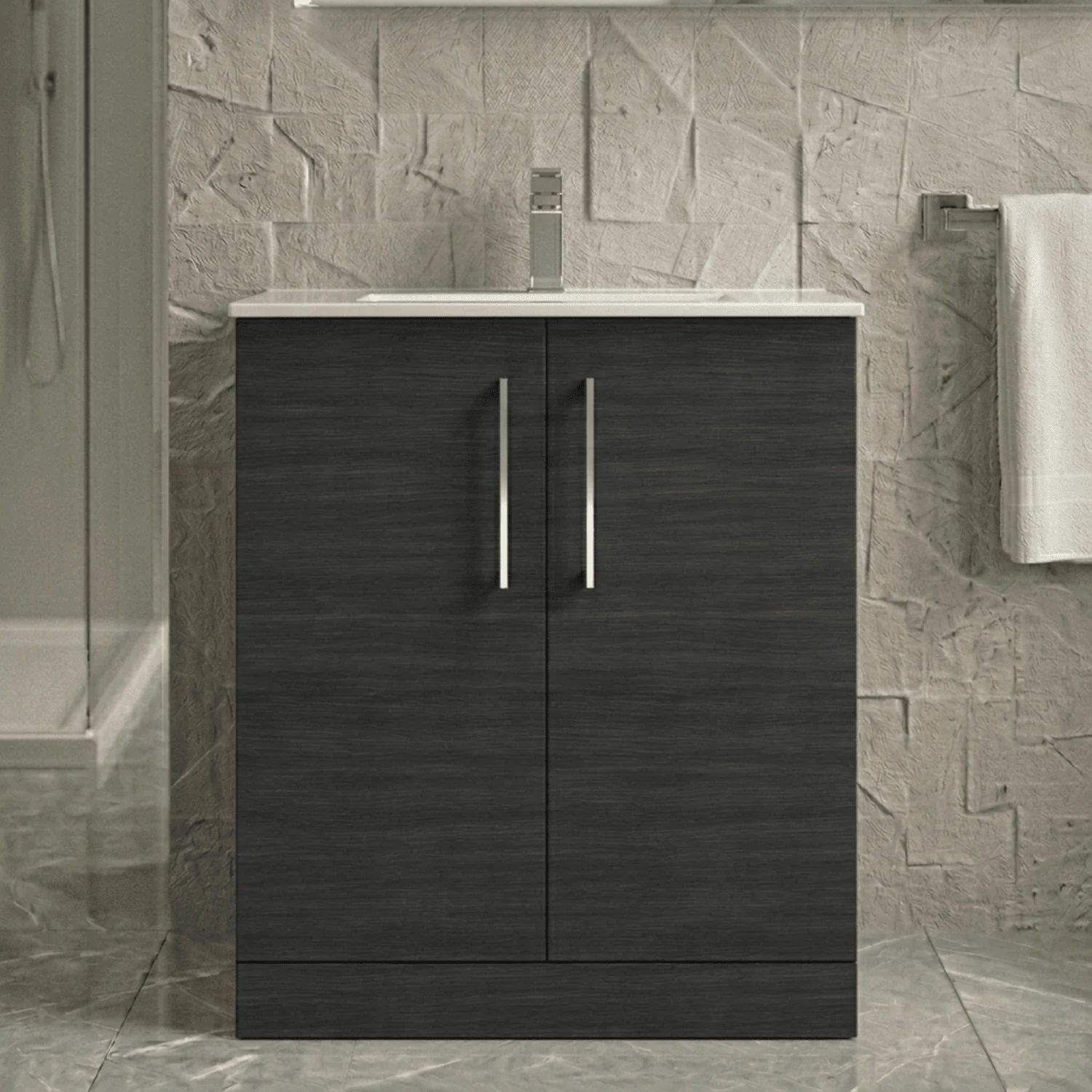 Balterley Level Modern Bathroom 2 Soft Close Door Floor Standing Vanity Unit & Basin, Charcoal Black, 800mm
