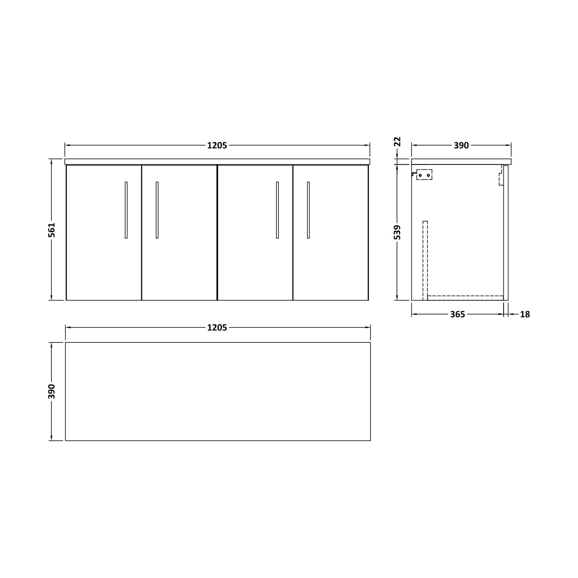 Balterley Level 1200mm Wall Hung 2 Door Vanity Unit with Laminate Worktop for Modern Bathroom Storage - Charcoal Black - Image 2