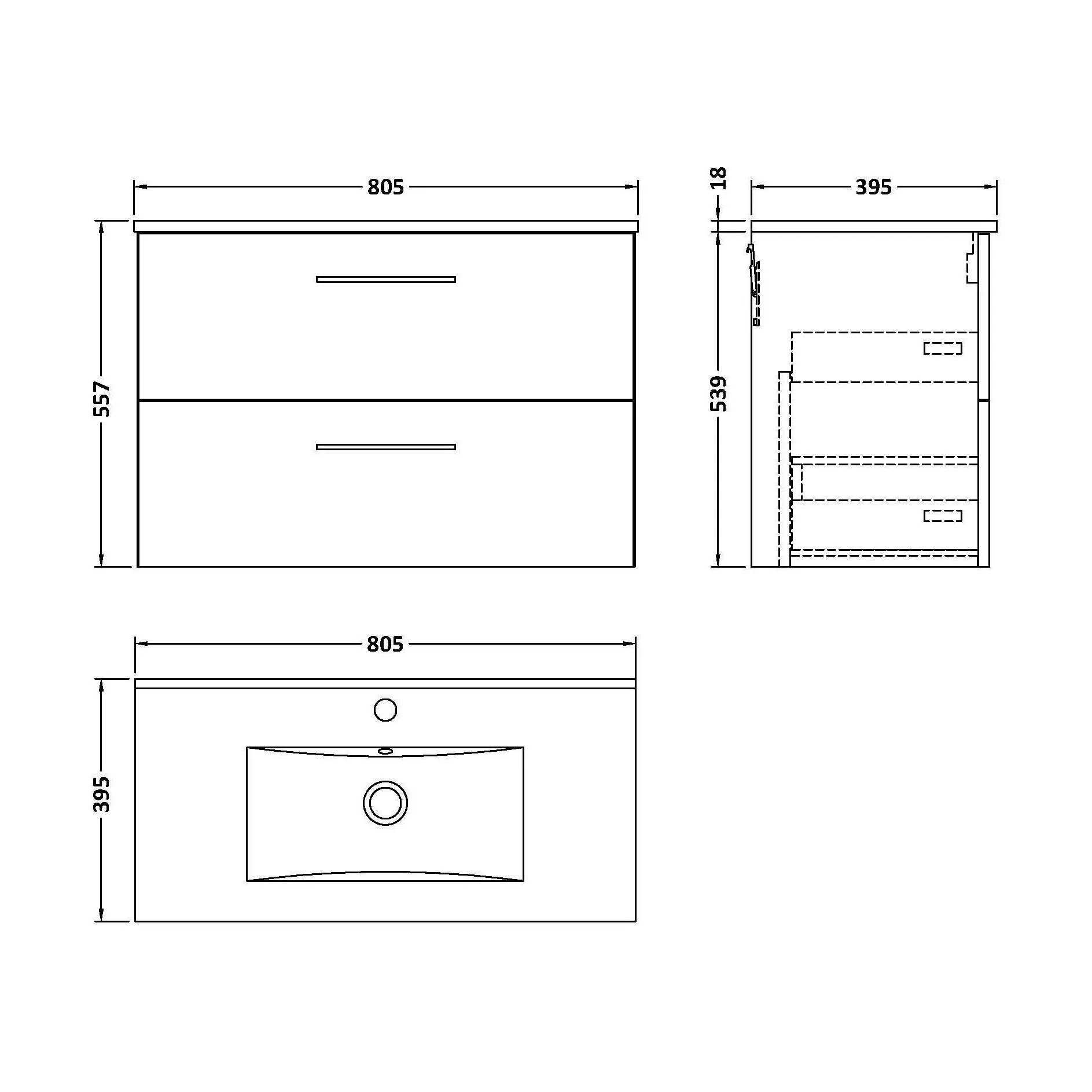 Balterley  Contemporary Bathroom 2 Soft Close Drawer & Minimalist Wall Hung Vanity Unit Basin, Charcoal Black, 800mm - Image 2