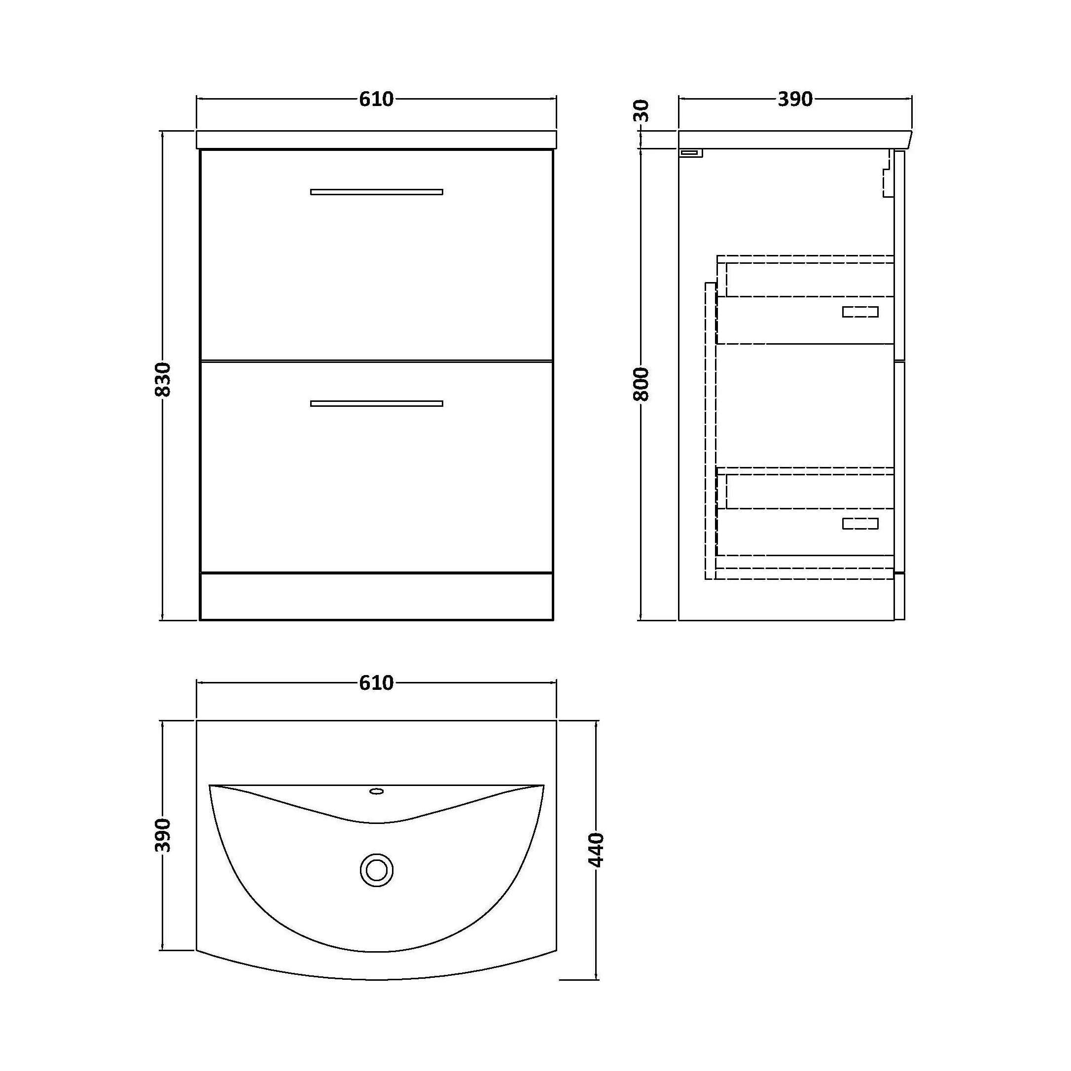 Balterley Modern Bathroom 2 Soft Close Drawer Floor Standing Vanity & Curved Basin, Charcoal Black, 600mm - Image 2