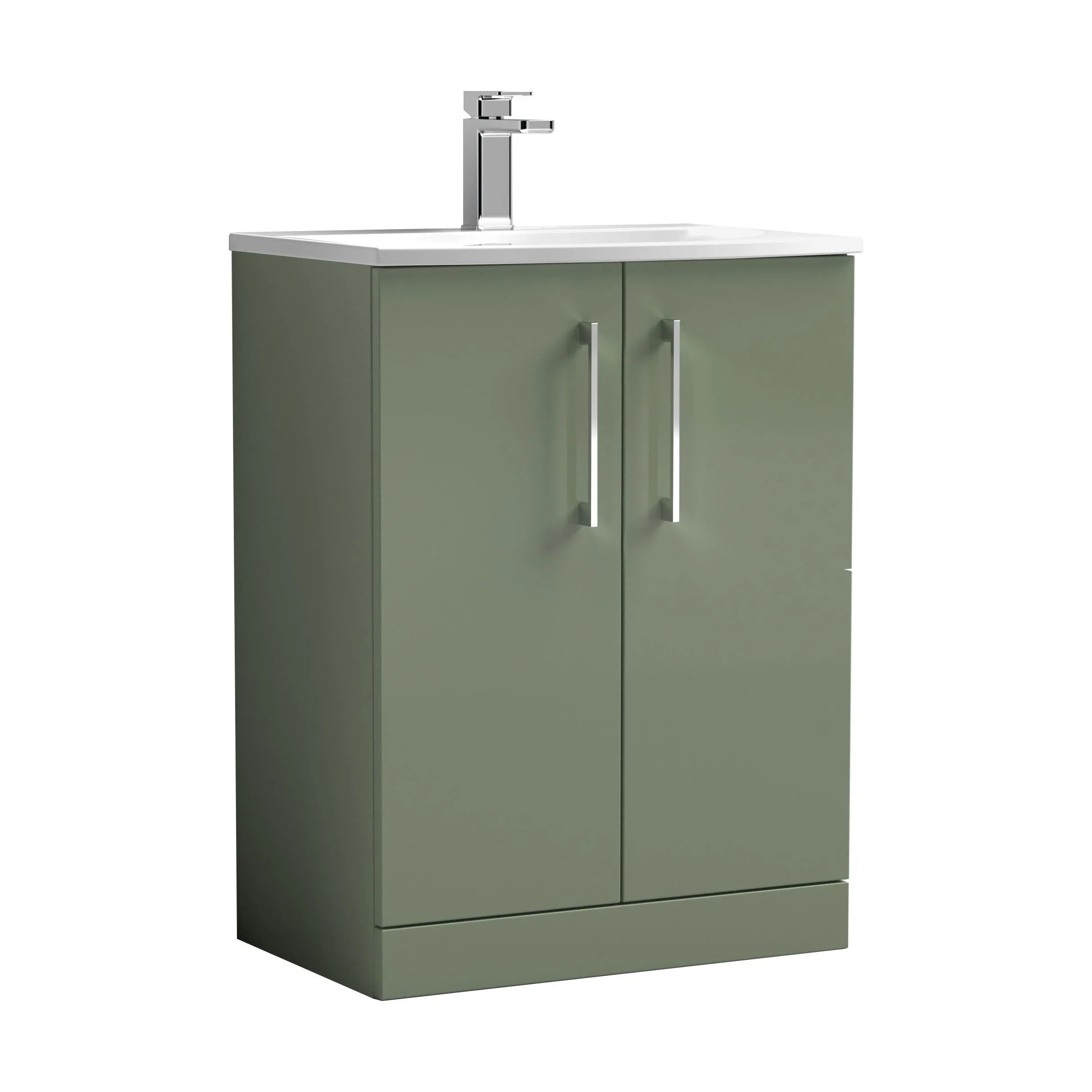 Balterley  Modern Bathroom 2 Soft Close Door Floor Standing Vanity Unit & Curved Basin, Satin Green, 600mm