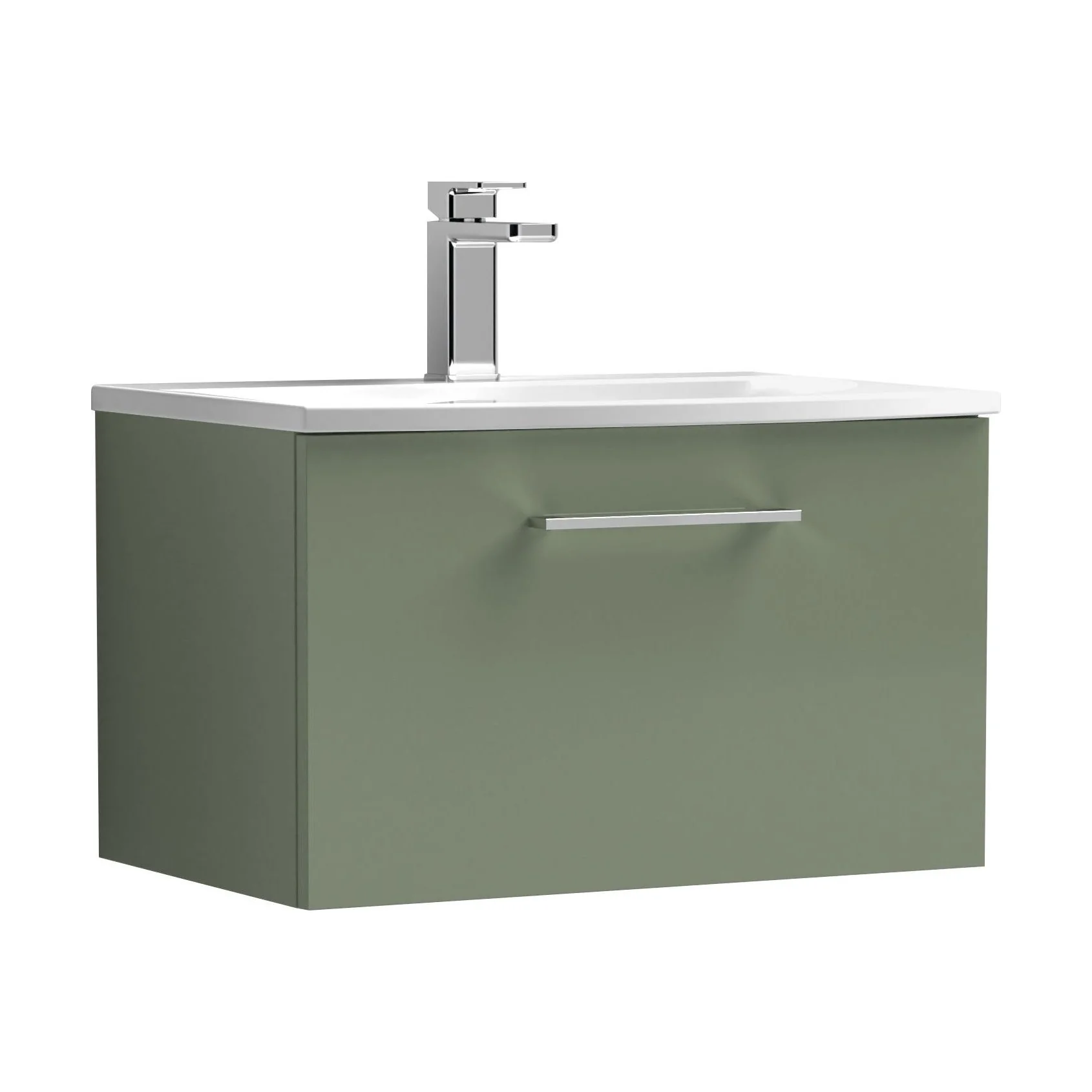 Balterley  Modern Bathroom 1 Soft Close Drawer Wall Hung Vanity Unit & Curved Basin, Satin Green, 600mm