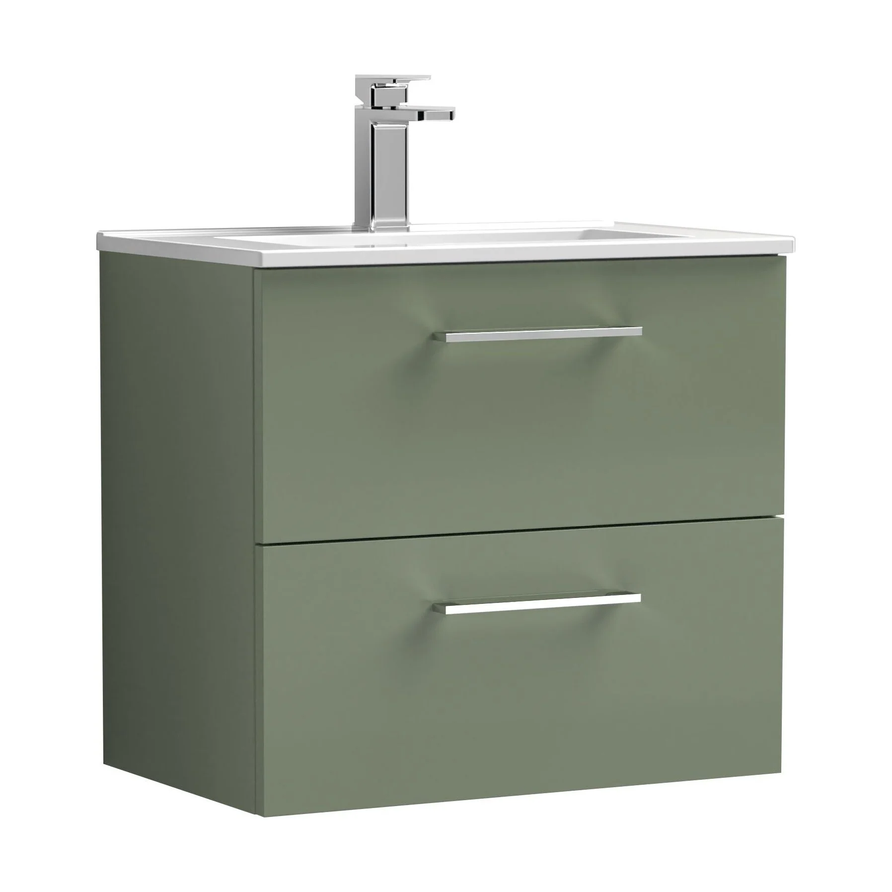 Balterley  Contemporary Bathroom 2 Soft Close Drawer & Minimalist Wall Hung Vanity Unit Basin, Satin Green, 600mm