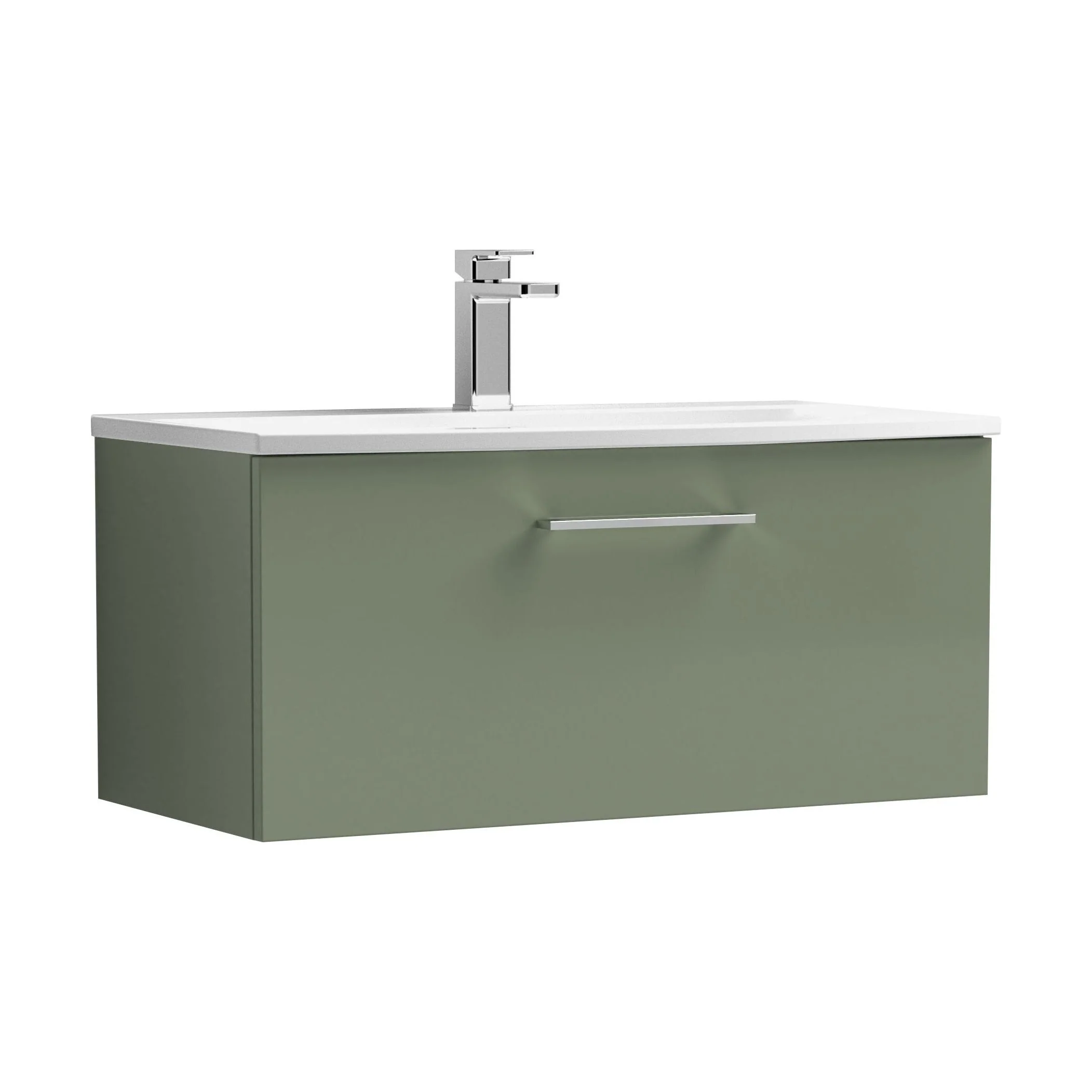 Balterley  Modern Bathroom 1 Soft Close Drawer Wall Hung Vanity Unit & Curved Basin, Satin Green, 800mm