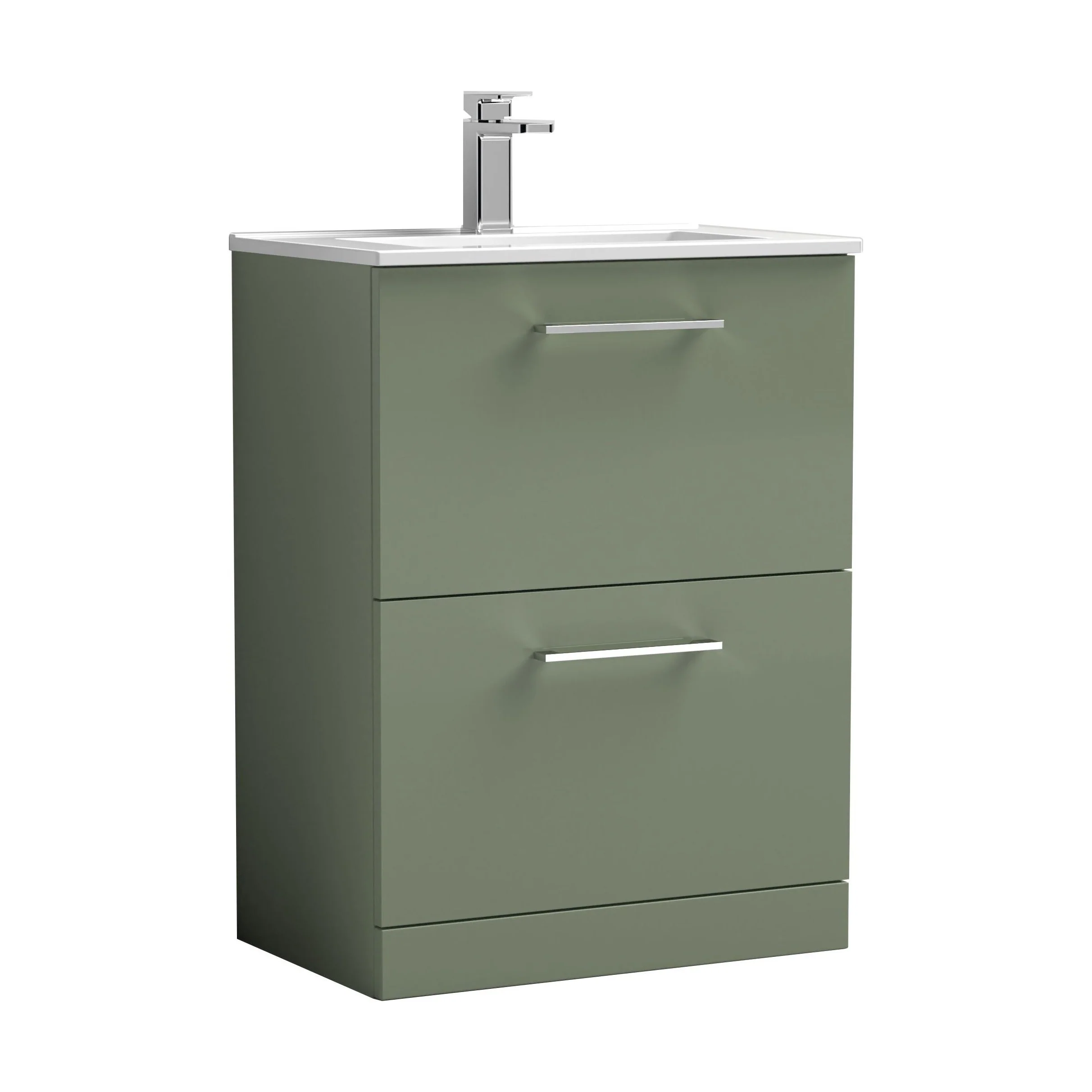 Balterley  Contemporary Bathroom 2 Soft Close Drawer & Minimalist Floor Standing Vanity Unit Basin, Satin Green, 600mm