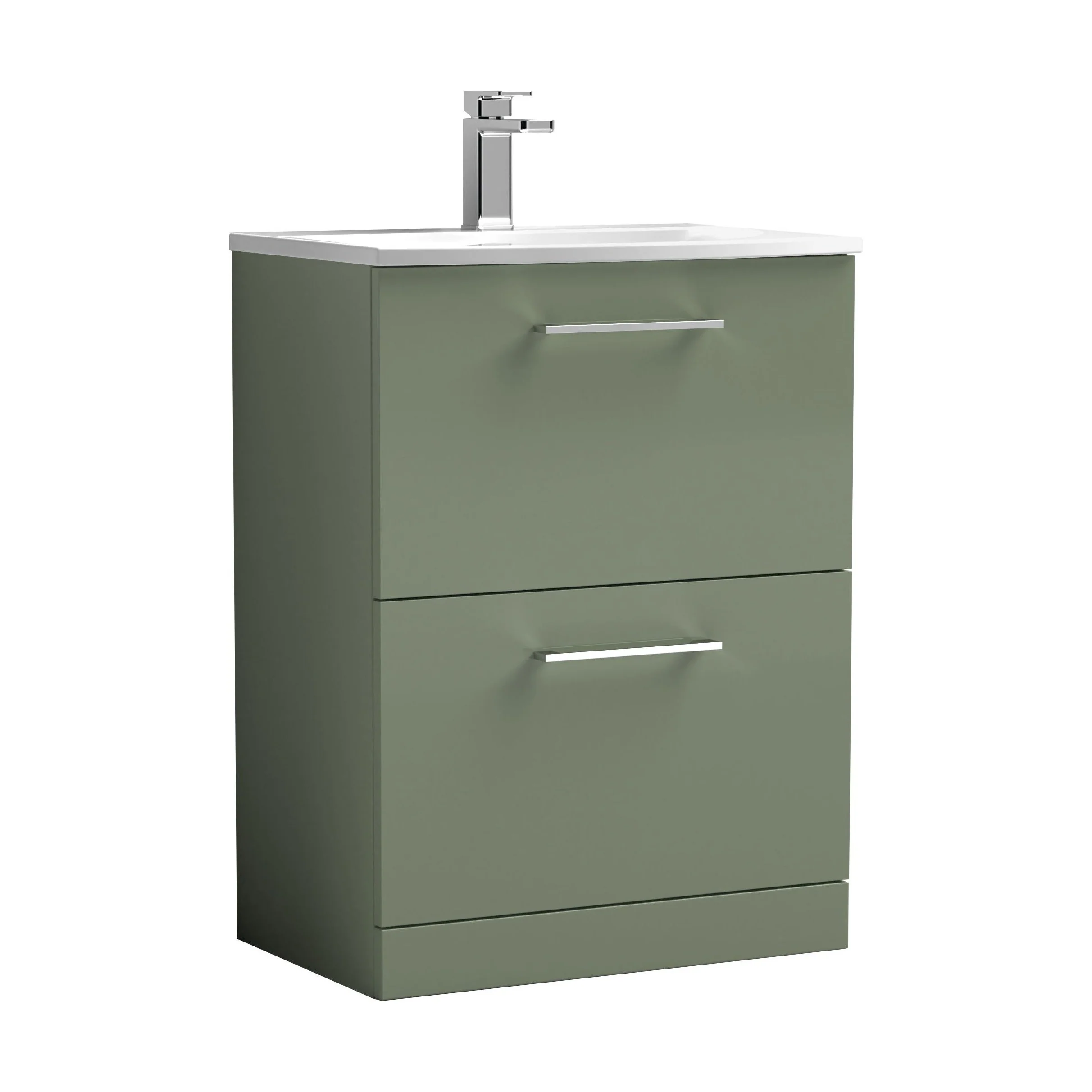 Balterley  Modern Bathroom 2 Soft Close Drawer Floor Standing Vanity Unit & Curved Basin, Satin Green, 600mm