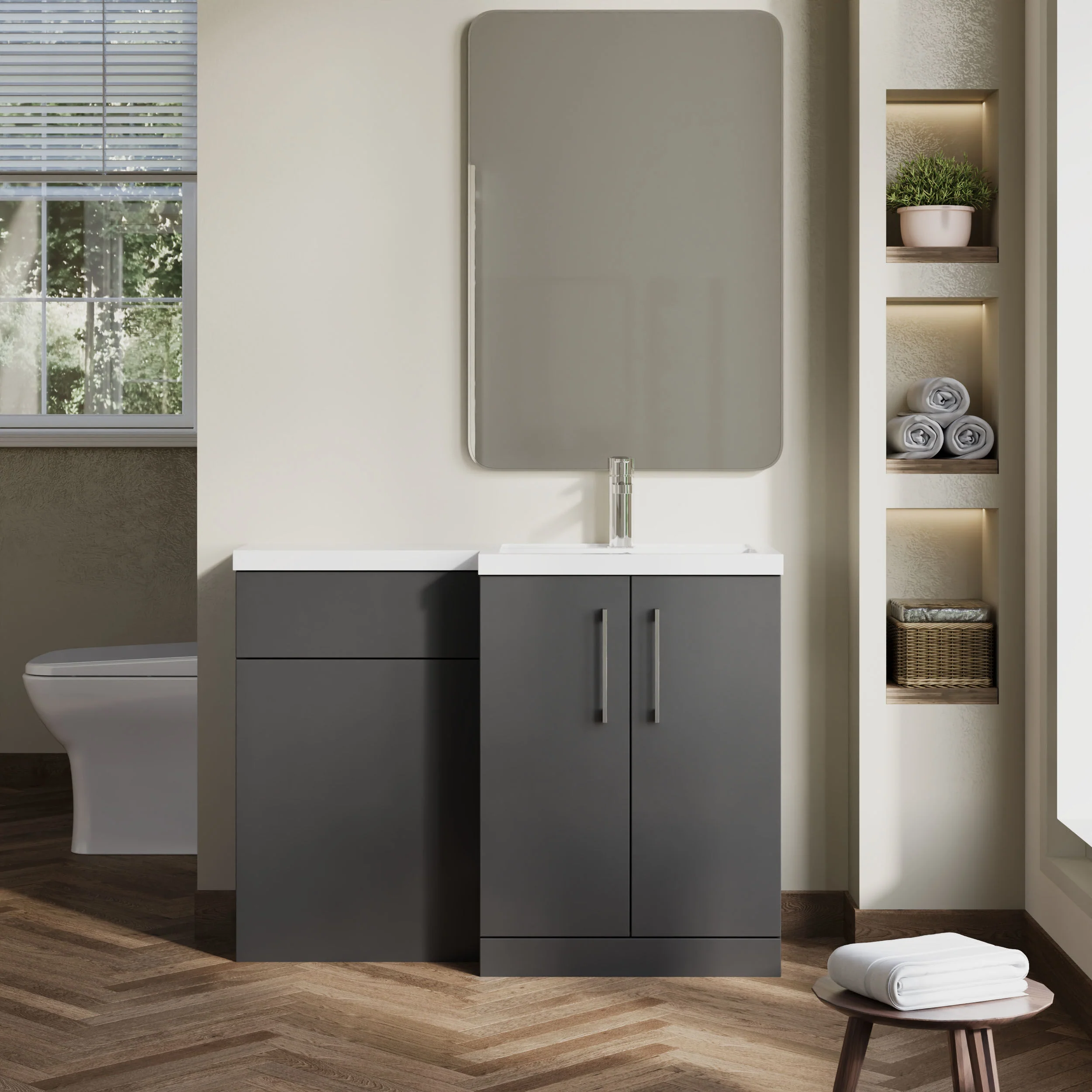Balterley Right-Hand Bathroom Vanity and WC Unit Combination with Basin - 1100mm - Gloss Grey with Chrome Handles - Image 2