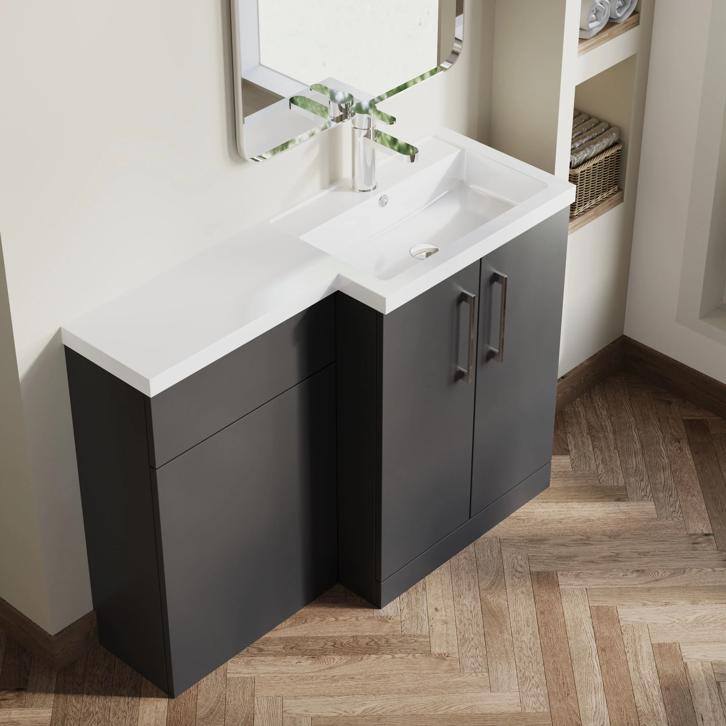 Balterley Right-Hand Bathroom Vanity and WC Unit Combination with Basin - 1100mm - Gloss Grey with Chrome Handles - Image 3