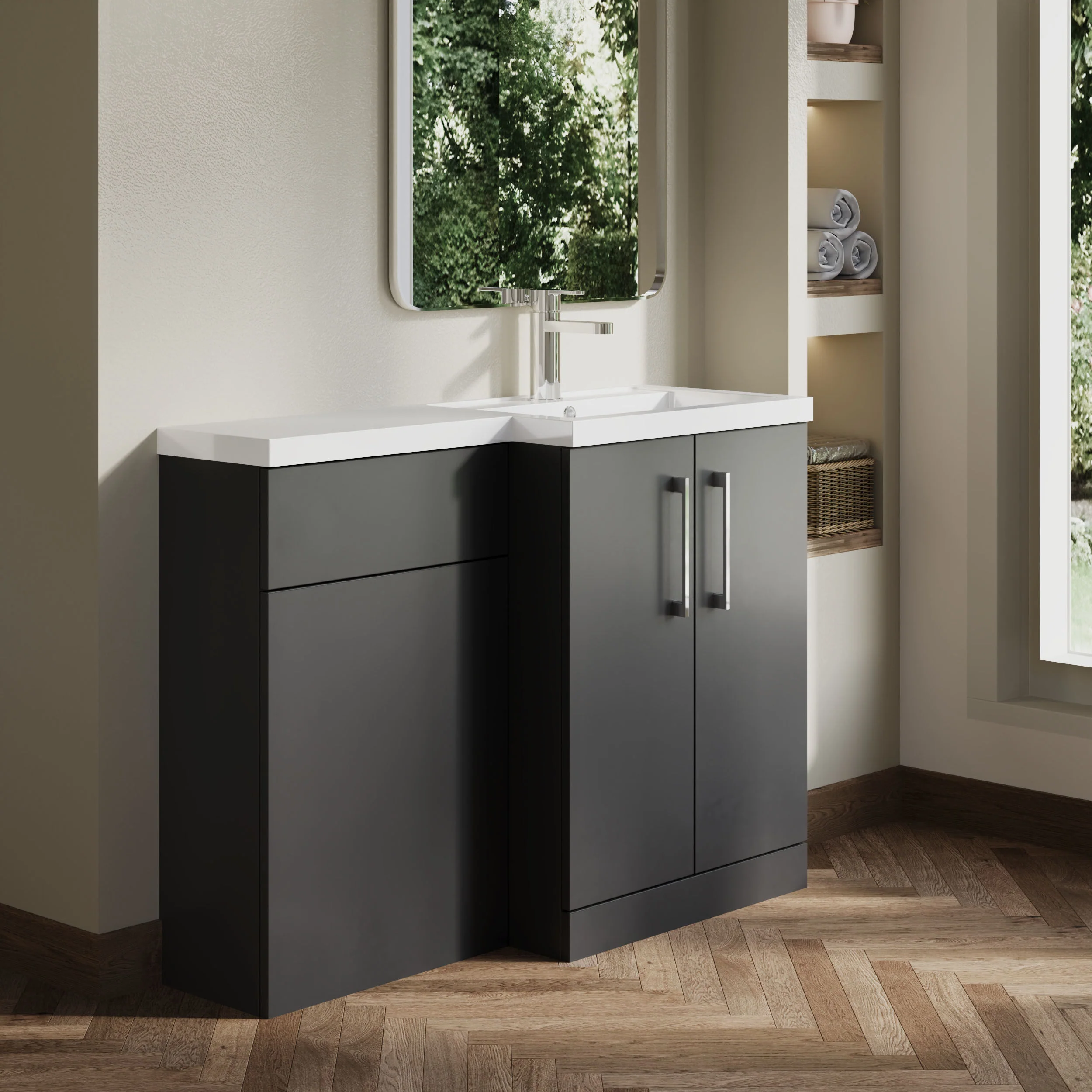 Balterley Right-Hand Bathroom Vanity and WC Unit Combination with Basin - 1100mm - Gloss Grey with Chrome Handles - Image 4