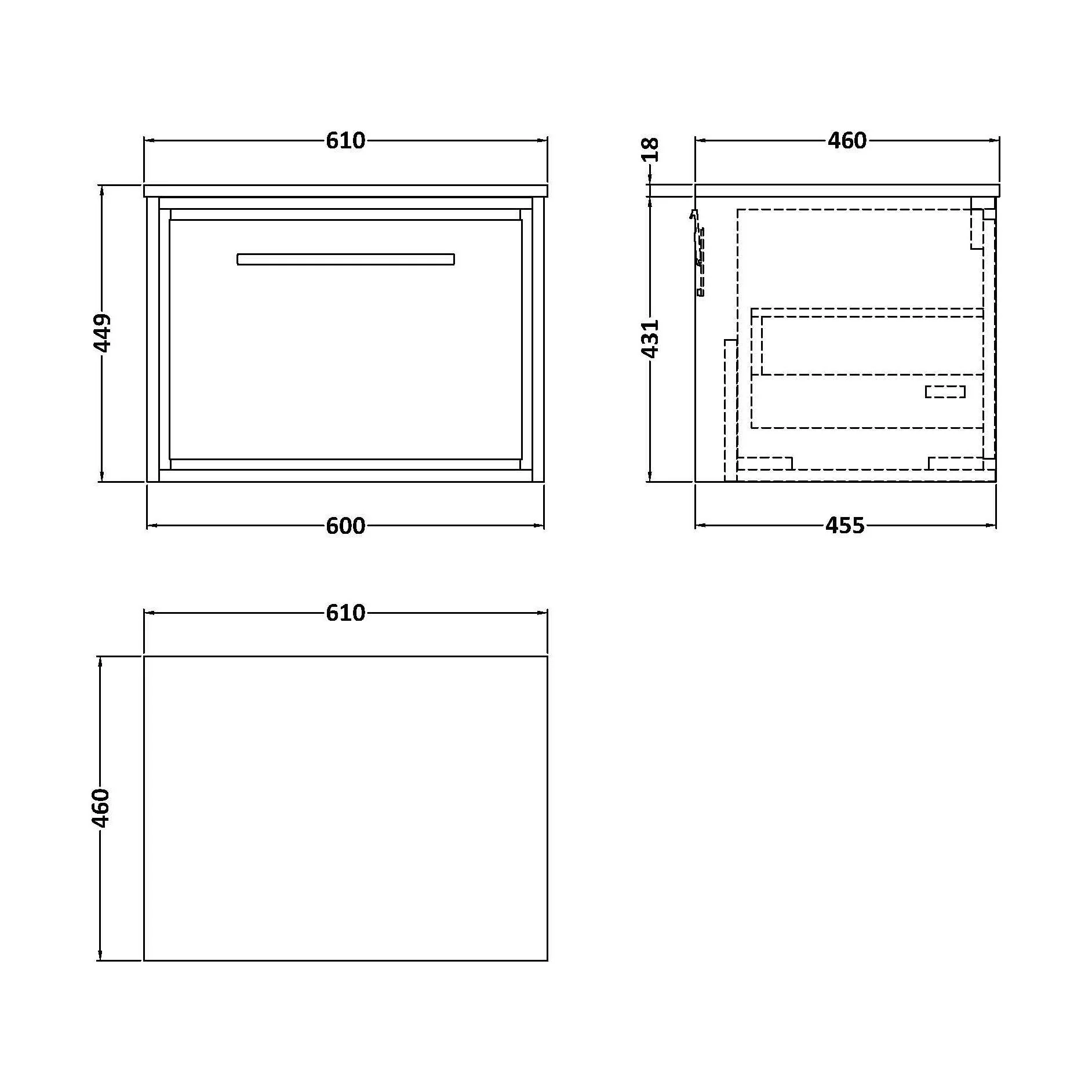 Balterley 600mm Framed Design Wall Hung Single Drawer Vanity & Marble Worktop - Coastal Grey - Image 2