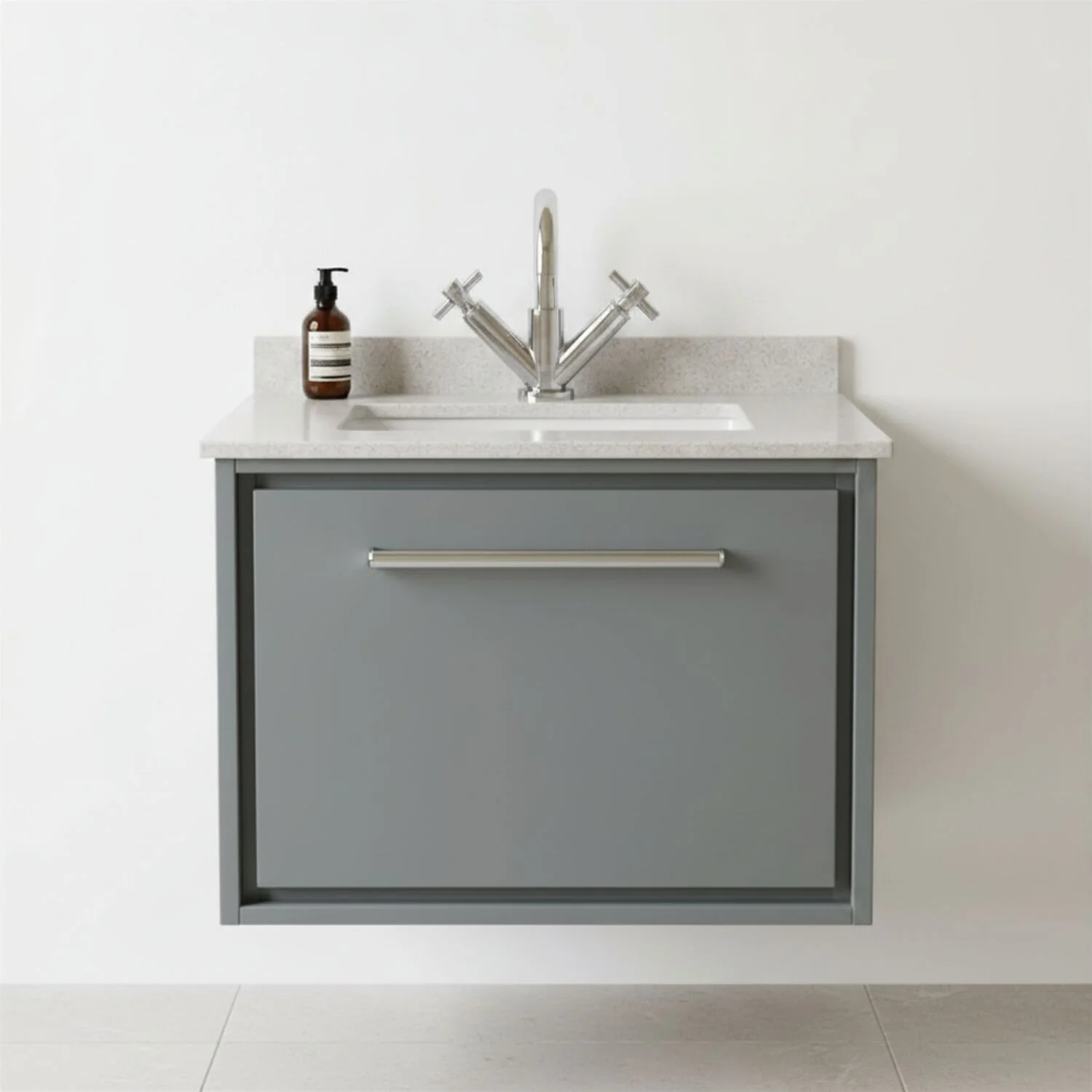 Balterley 600mm Wall Hung Single Drawer Vanity with Marble Worktop Basin - Coastal Grey
