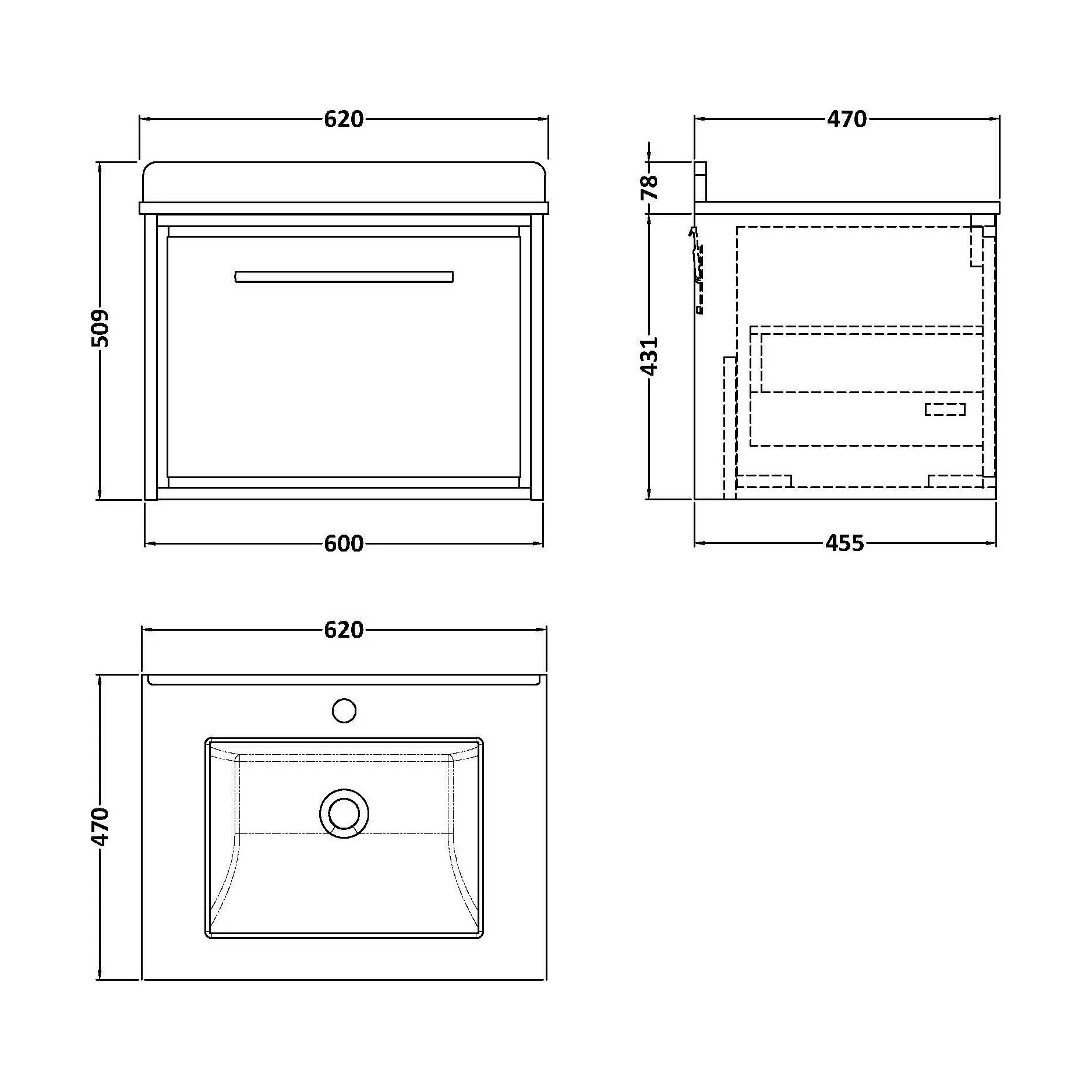 Balterley 600mm Wall Hung Single Drawer Vanity with Marble Worktop Basin - Coastal Grey - Image 3