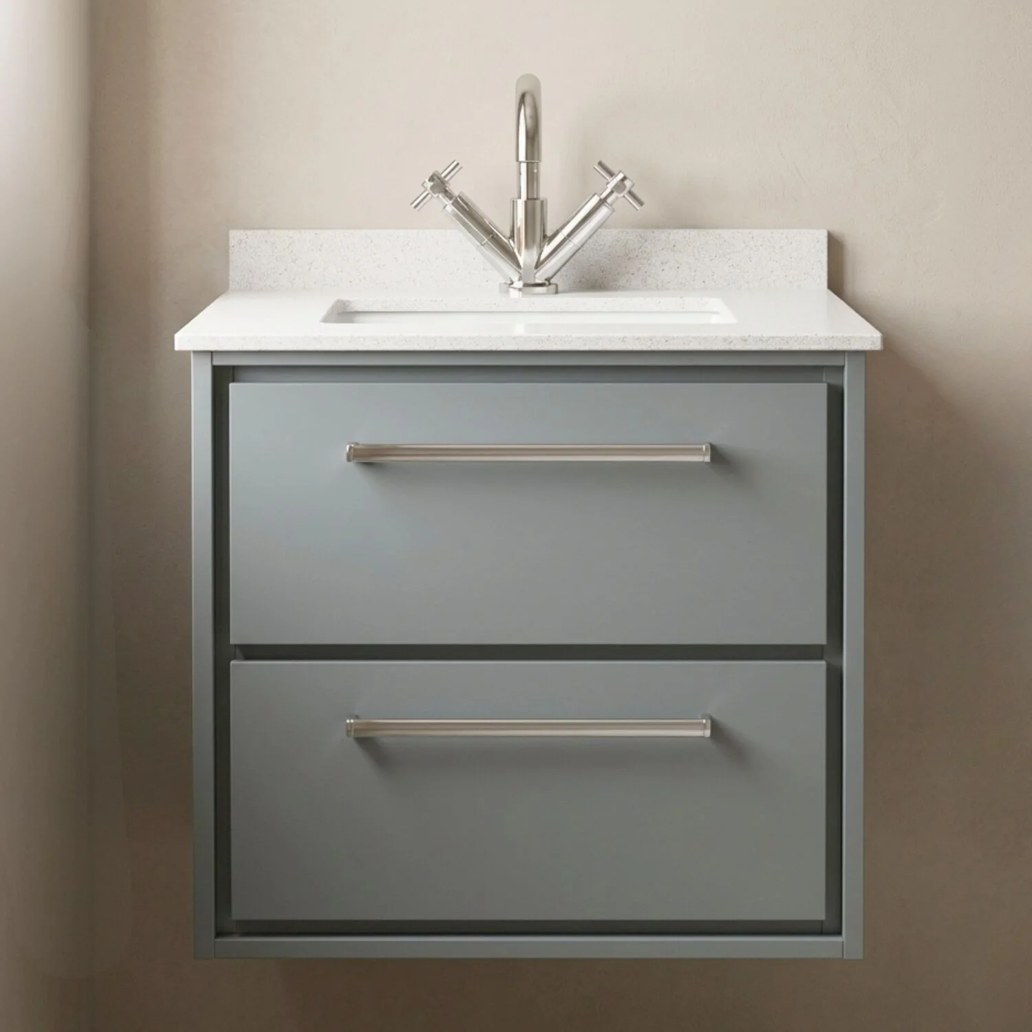 Balterley 600mm Wall Hung 2 Drawer Vanity with Marble Worktop Basin - Coastal Grey