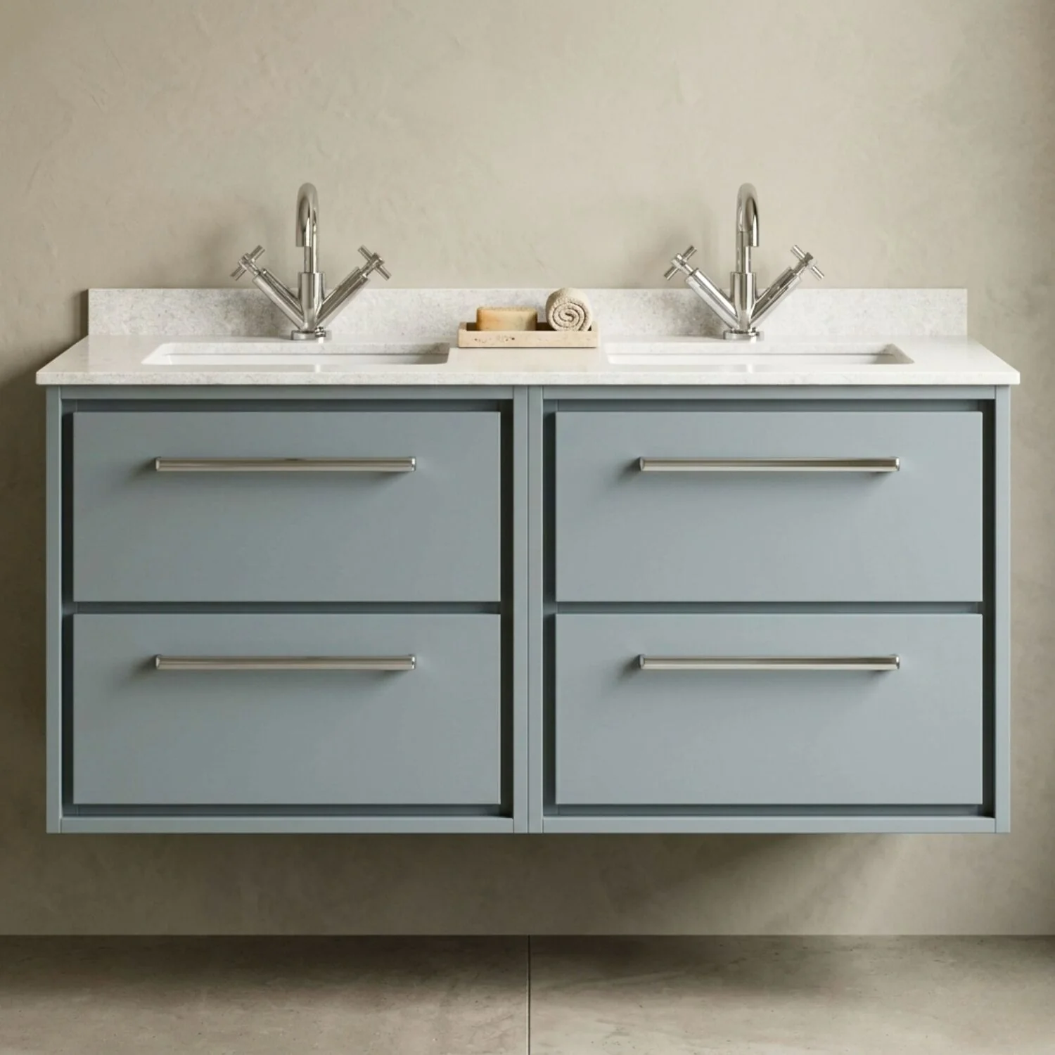 Balterley 1200mm Wall Hung 4 Drawer Vanity Unit with Double Marble Basins - Coastal Grey
