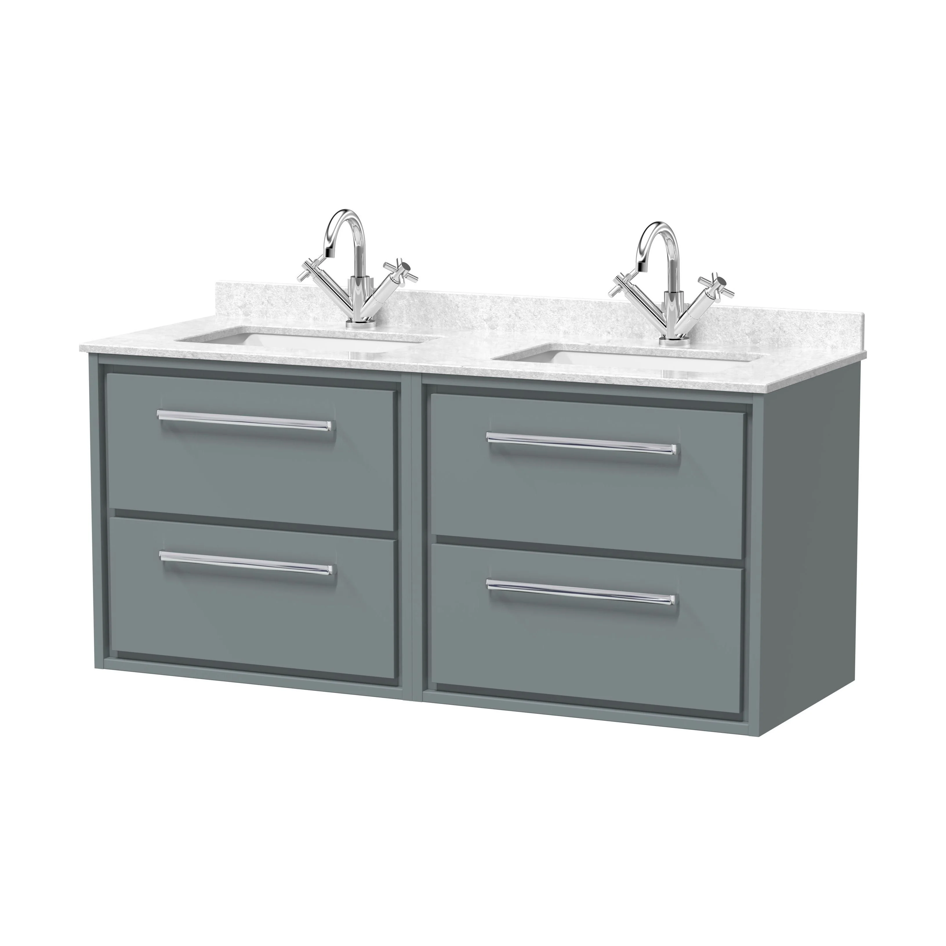 Balterley 1200mm Wall Hung 4 Drawer Vanity Unit with Double Marble Basins - Coastal Grey - Image 2