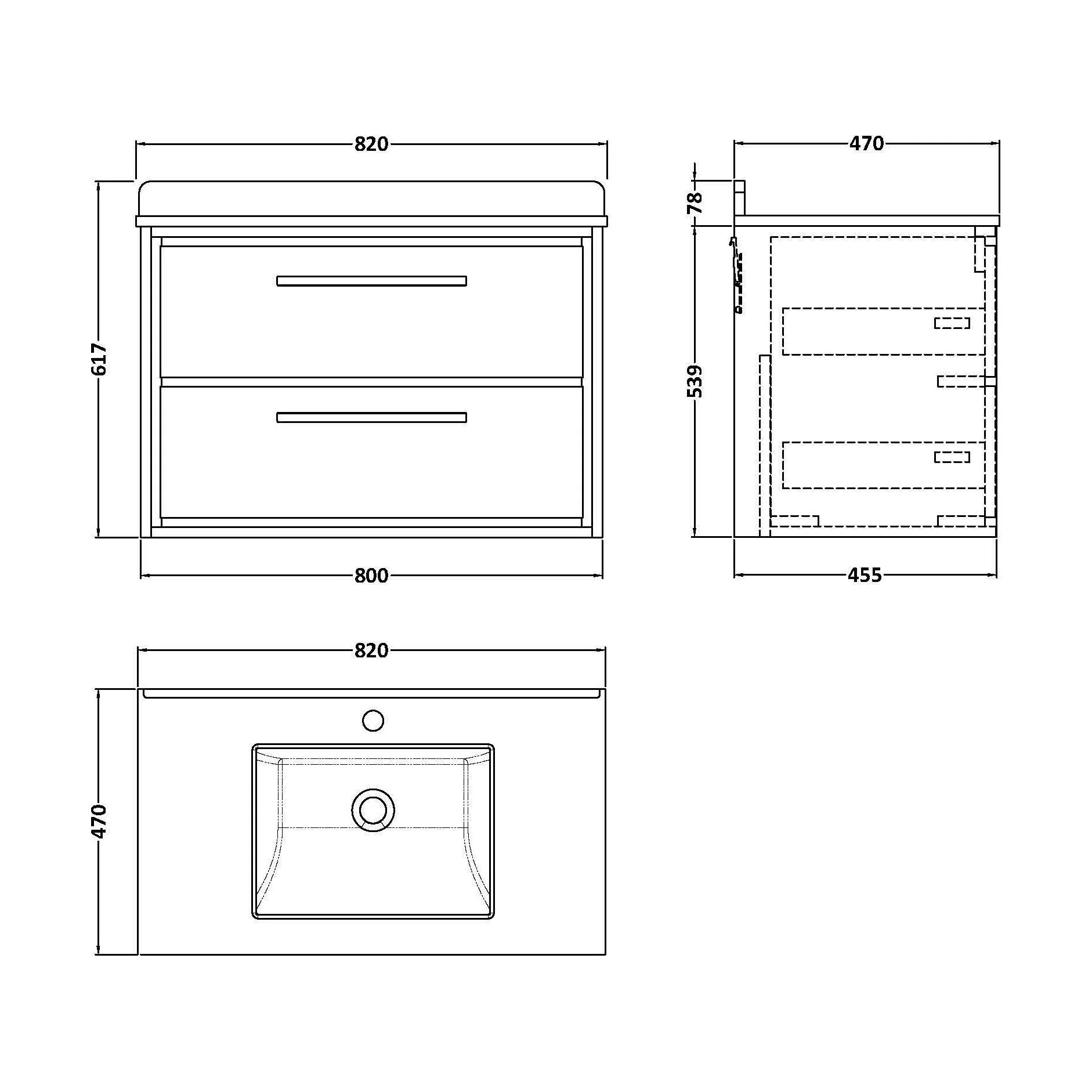 Balterley 800mm Wall Hung 2 Drawer Vanity with Marble Worktop Basin - Coastal Grey - Image 3