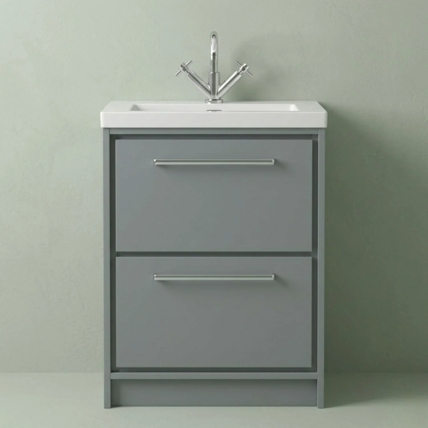 Balterley Modern Bathroom Floor Standing 2 Soft-Close Drawer, Fireclay Basin, Coastal Grey, 600mm