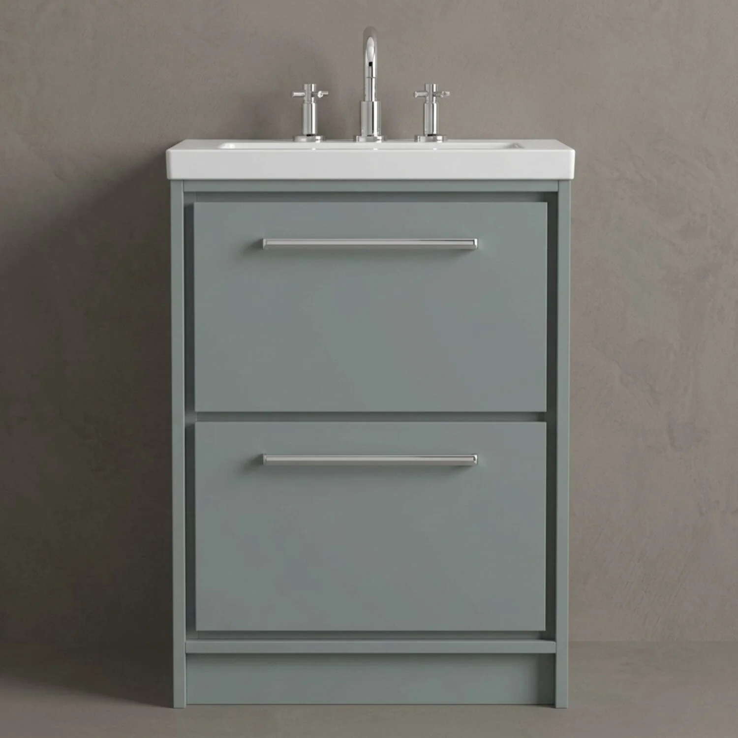 Balterley Modern Bathroom 2 Soft Close Drawer Floor Standing Vanity Unit Fireclay Basin, Coastal Grey, 600mm