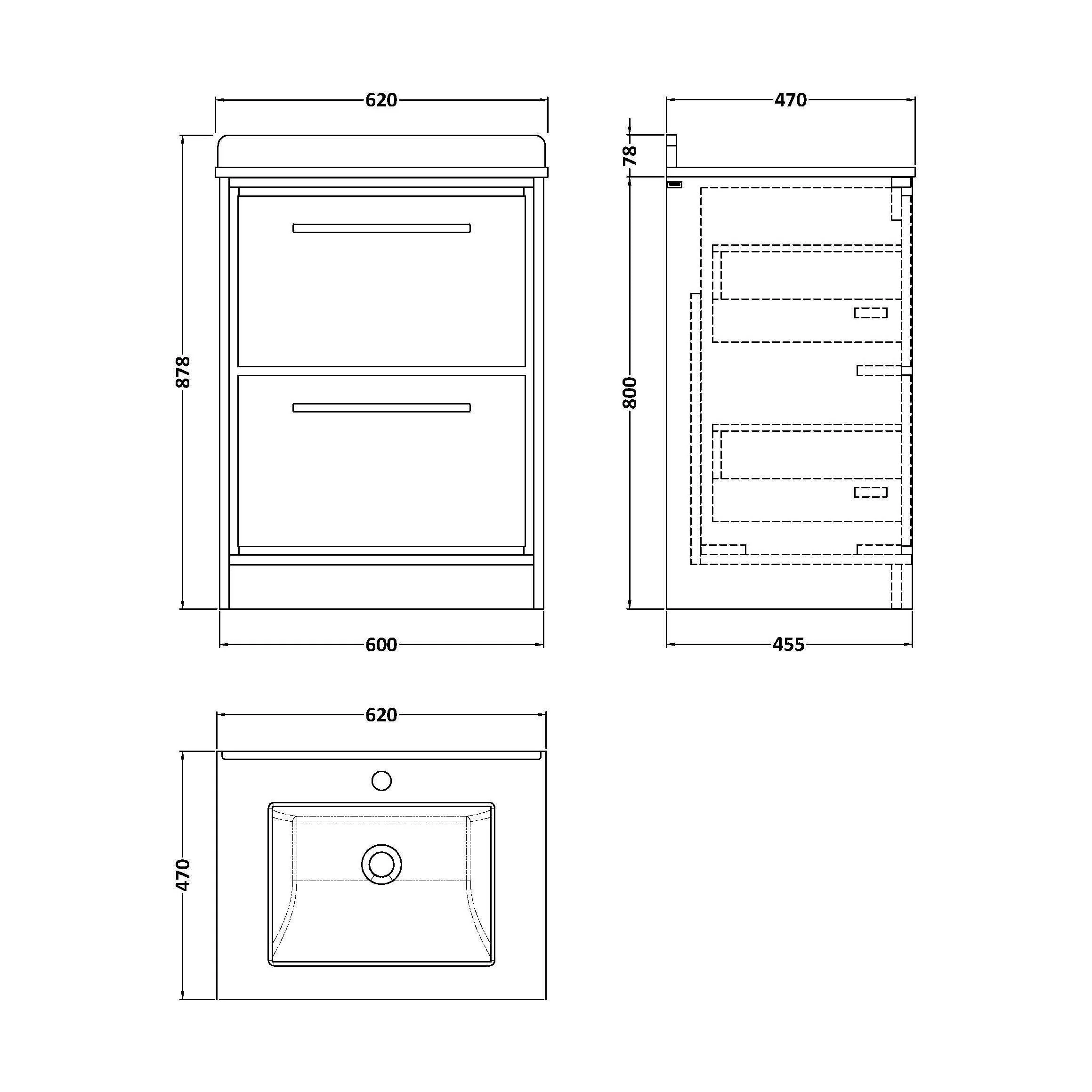 Balterley 600mm Floor Standing 2 Drawer Vanity with Marble Worktop Basin - Coastal Grey - Image 3