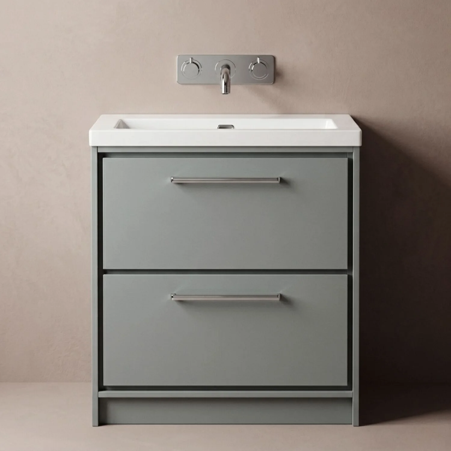 Balterley Modern Bathroom 2 Soft-Close Drawer Floor Standing Vanity Unit Fireclay Basin, Coastal Grey, 800mm