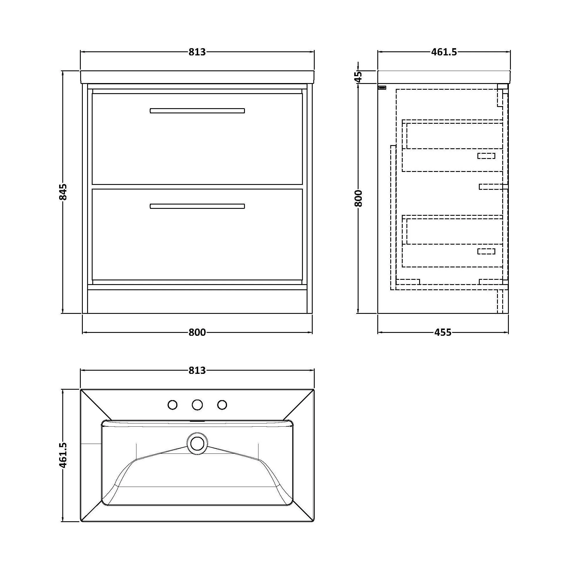 Balterley Modern Bathroom 2 Soft Close Drawer Floor Standing Vanity Unit Fireclay Basin, Coastal Grey, 800mm - Image 3