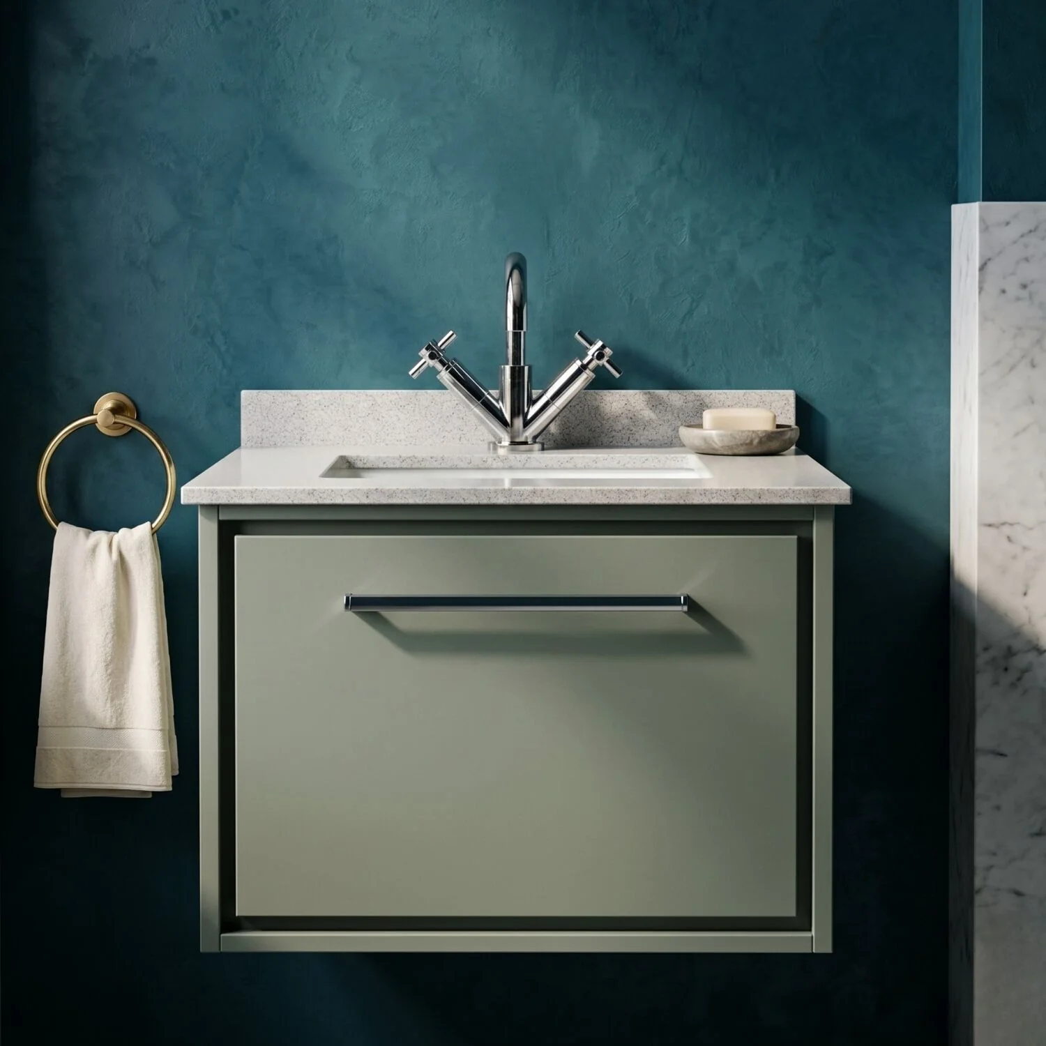 Balterley 600mm Wall Hung Single Drawer Vanity with Marble Worktop Basin - Fern Green