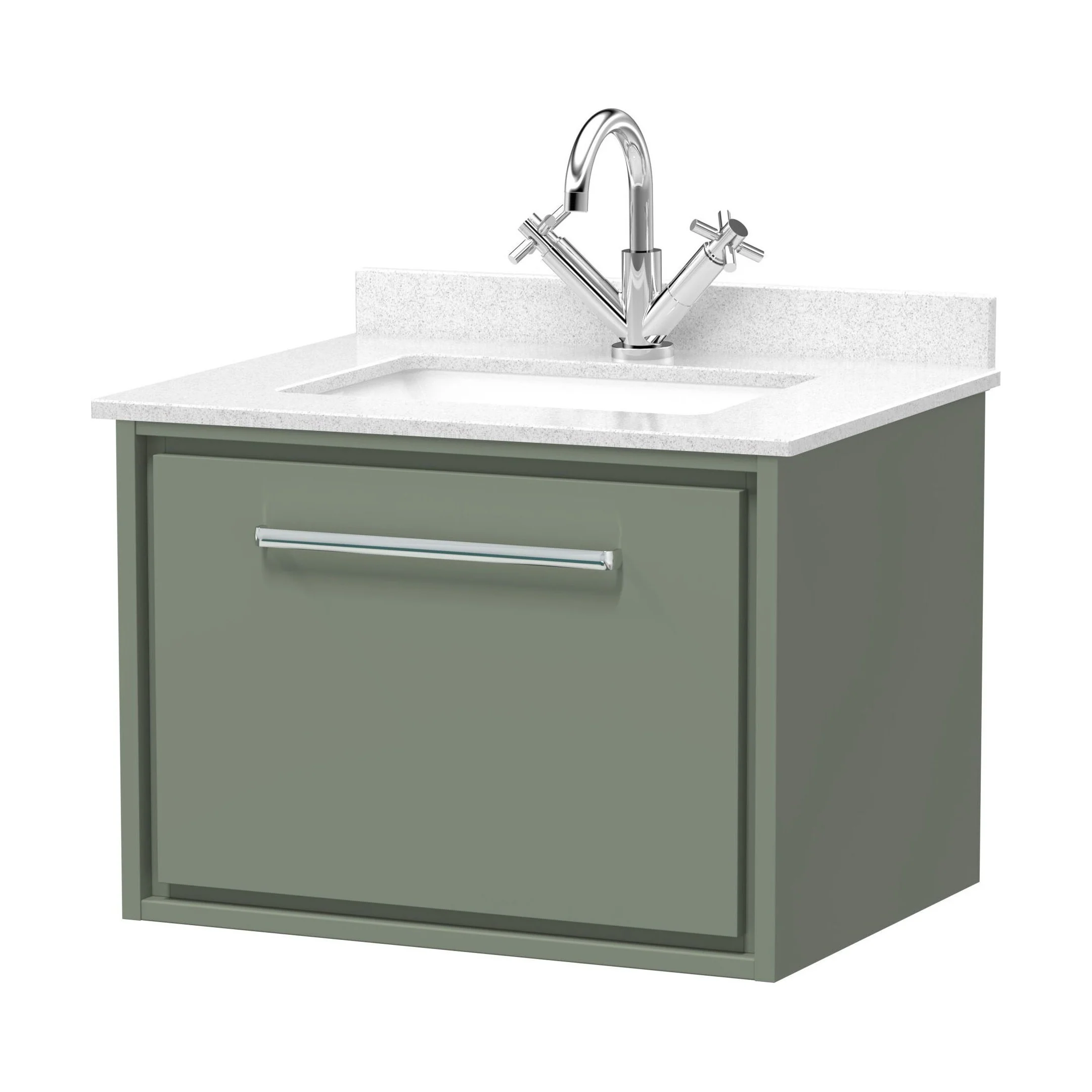 Balterley 600mm Wall Hung Single Drawer Vanity with Marble Worktop Basin - Fern Green - Image 2