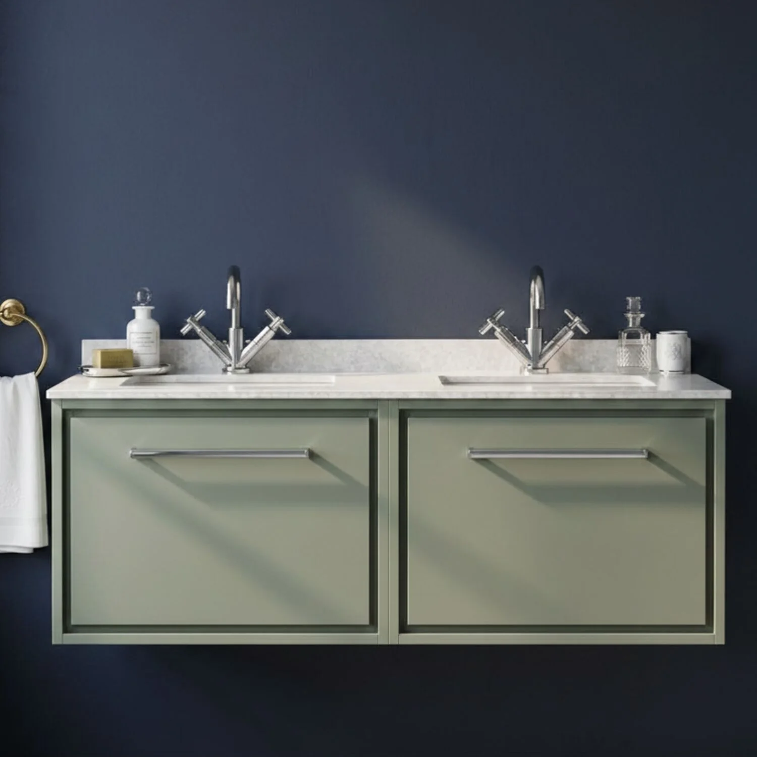 Balterley 1220mm Wall Hung Double Basin Vanity Unit with Marble Worktop Basins - Fern Green