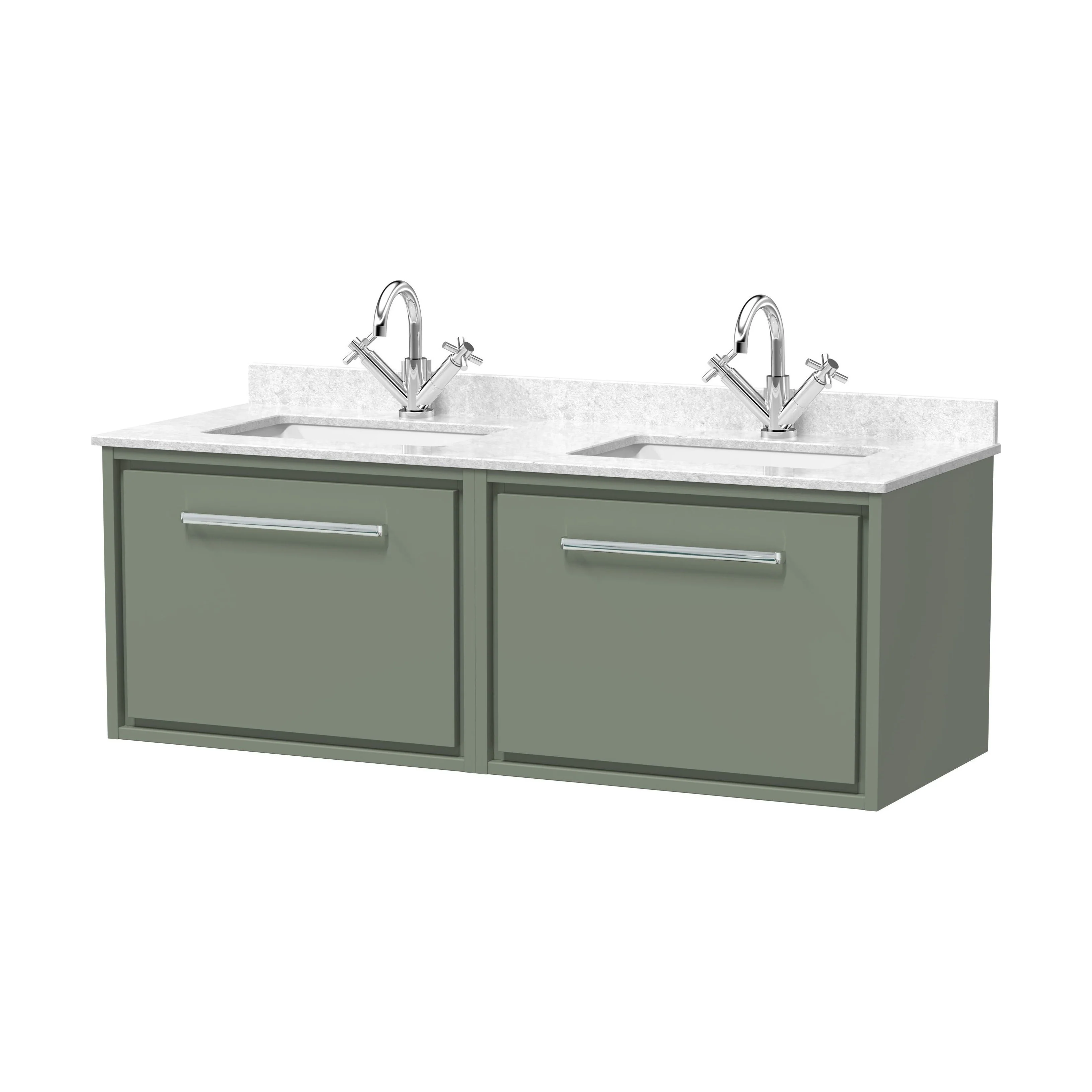 Balterley 1220mm Wall Hung Double Basin Vanity Unit with Marble Worktop Basins - Fern Green - Image 2