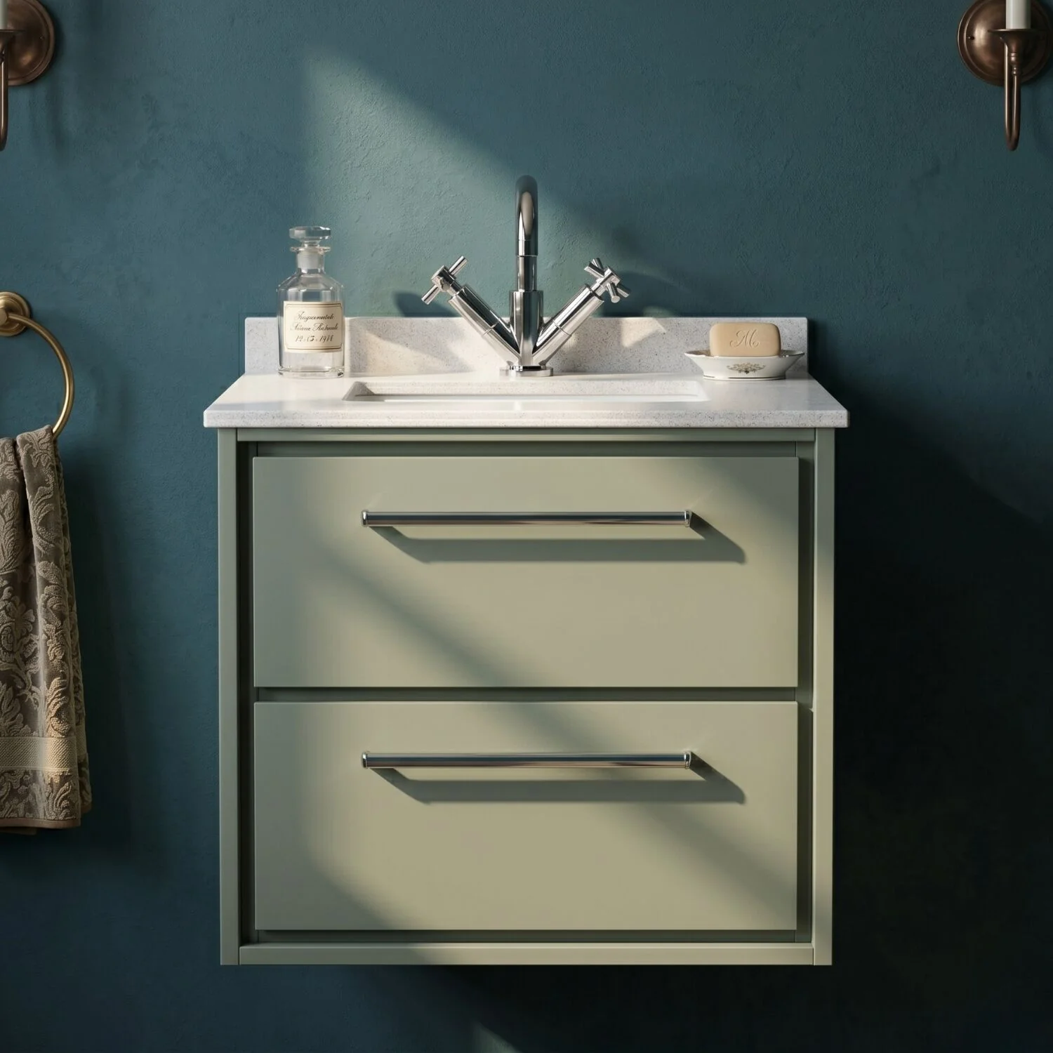 Balterley 600mm Wall Hung 2 Drawer Vanity with Marble Worktop Basin - Fern Green