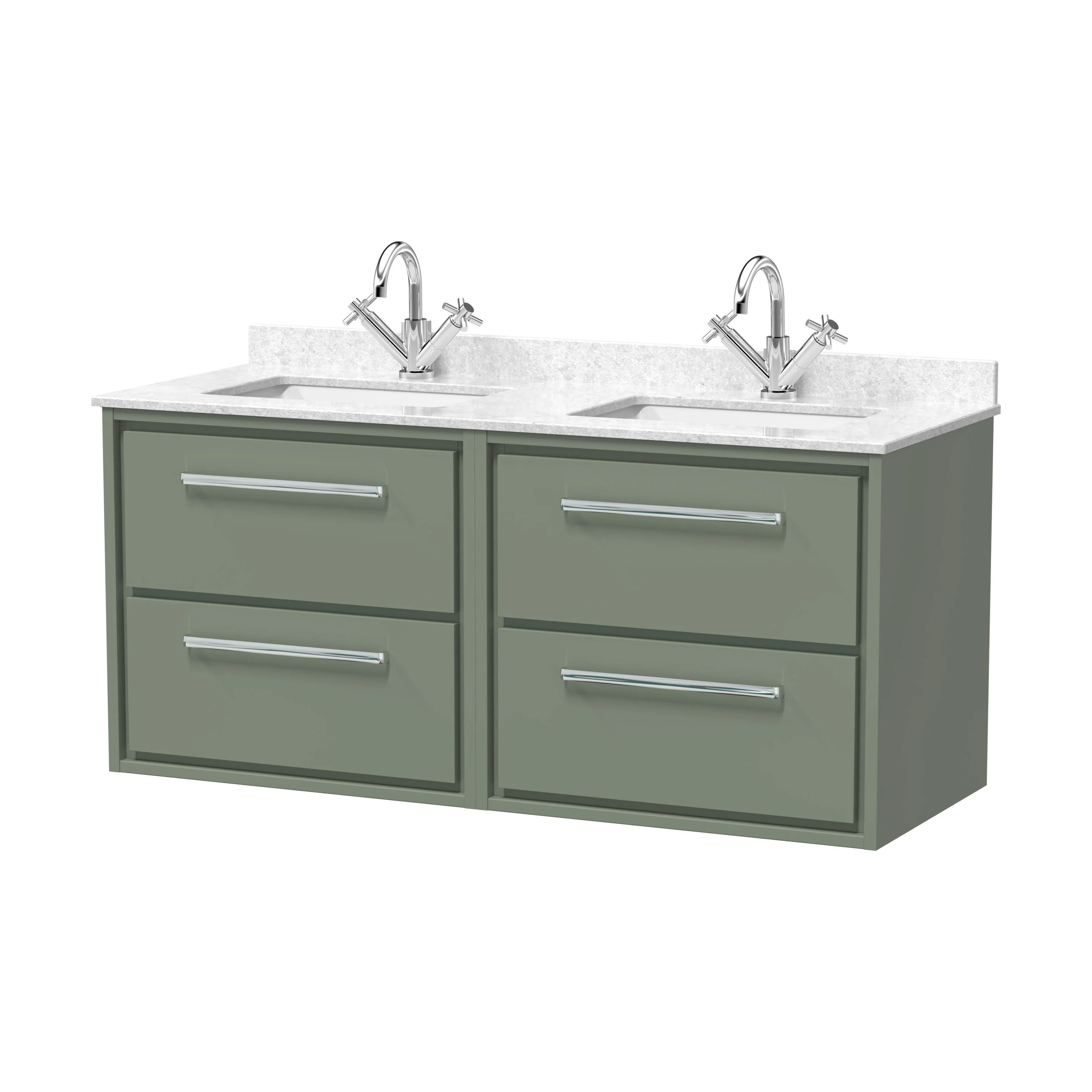 Balterley 1220mm Wall Hung 4 Drawer Vanity Unit with Double Marble Basins - Fern Green - Image 2