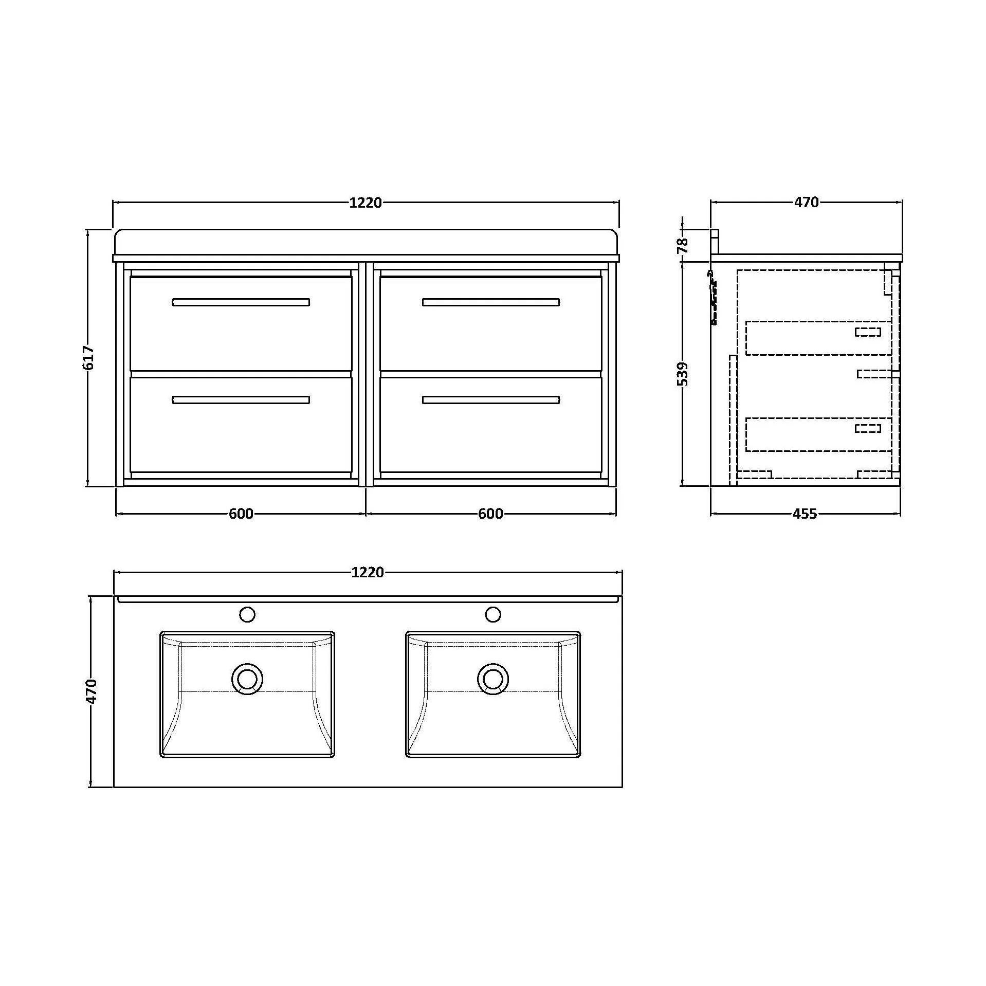 Balterley 1220mm Wall Hung 4 Drawer Vanity Unit with Double Marble Basins - Fern Green - Image 3