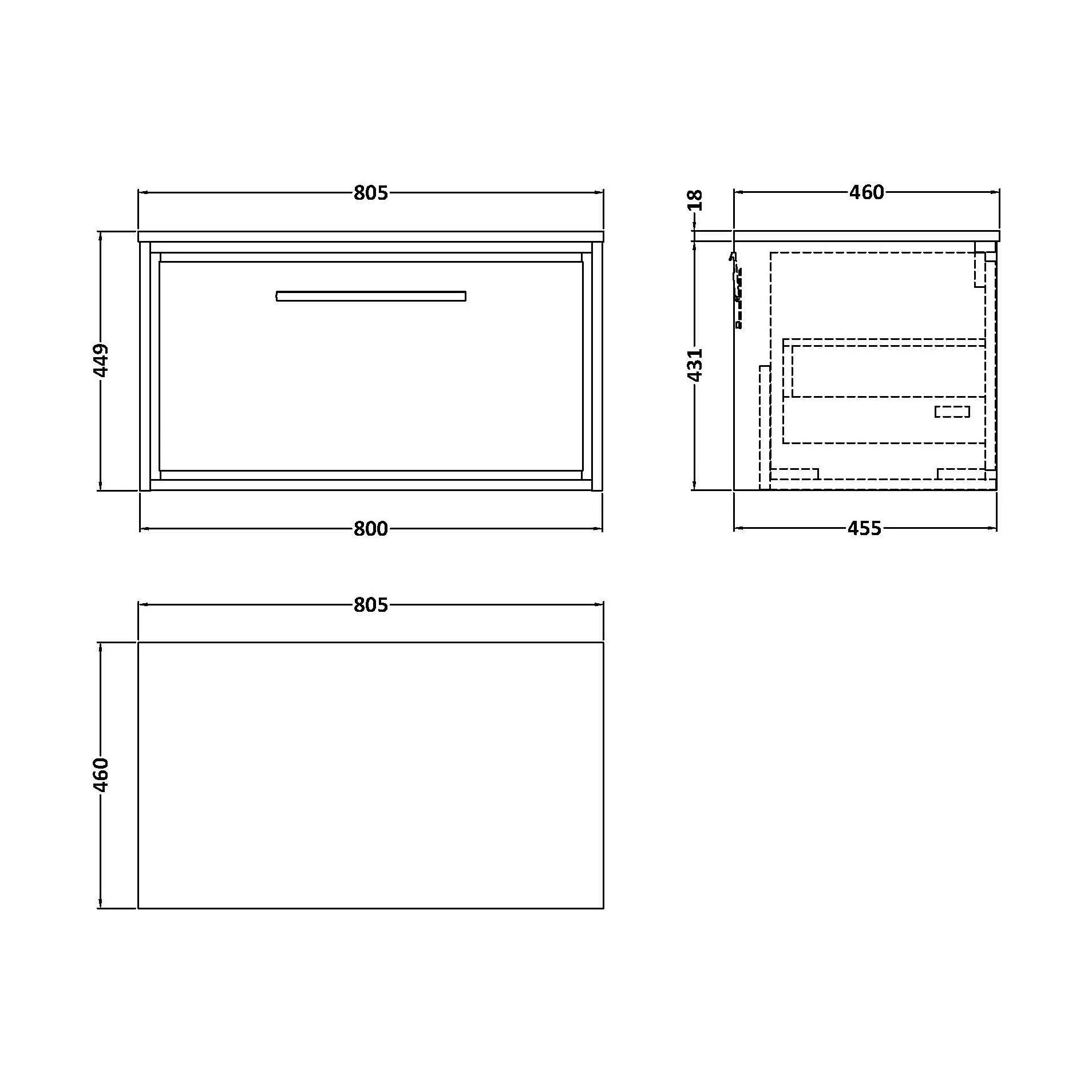 Balterley 800mm Framed Design Wall Hung Single Drawer Vanity with Worktop - Fern Green - Image 2