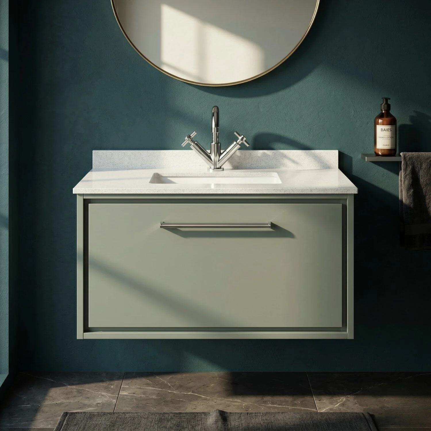Balterley 800mm Wall Hung Single Drawer Vanity with Marble Worktop Basin - Fern Green