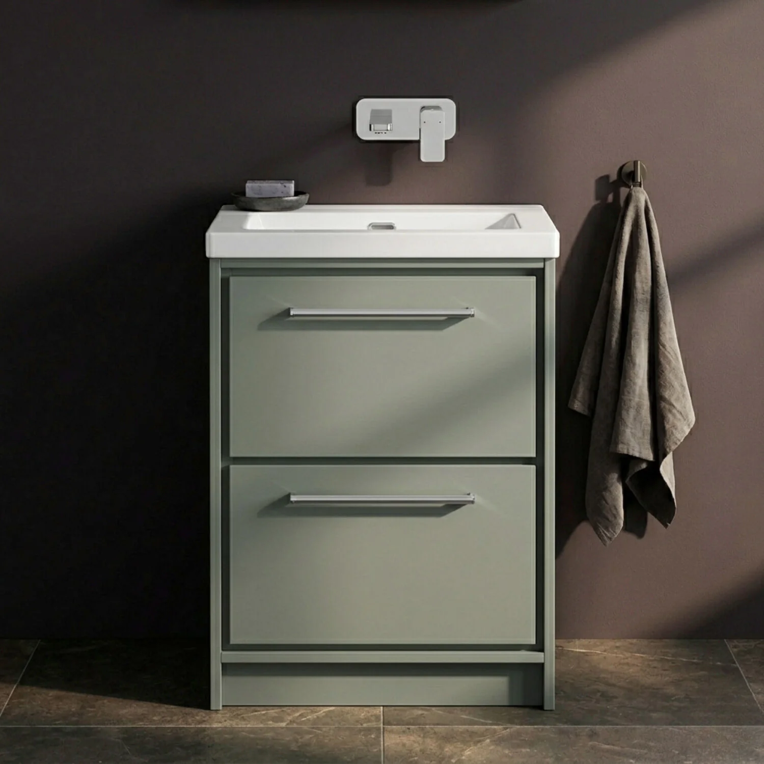 Balterley Modern Bathroom 2 Soft-Close Drawer Floor Standing Vanity Unit Fireclay Basin, Fern Green, 600mm