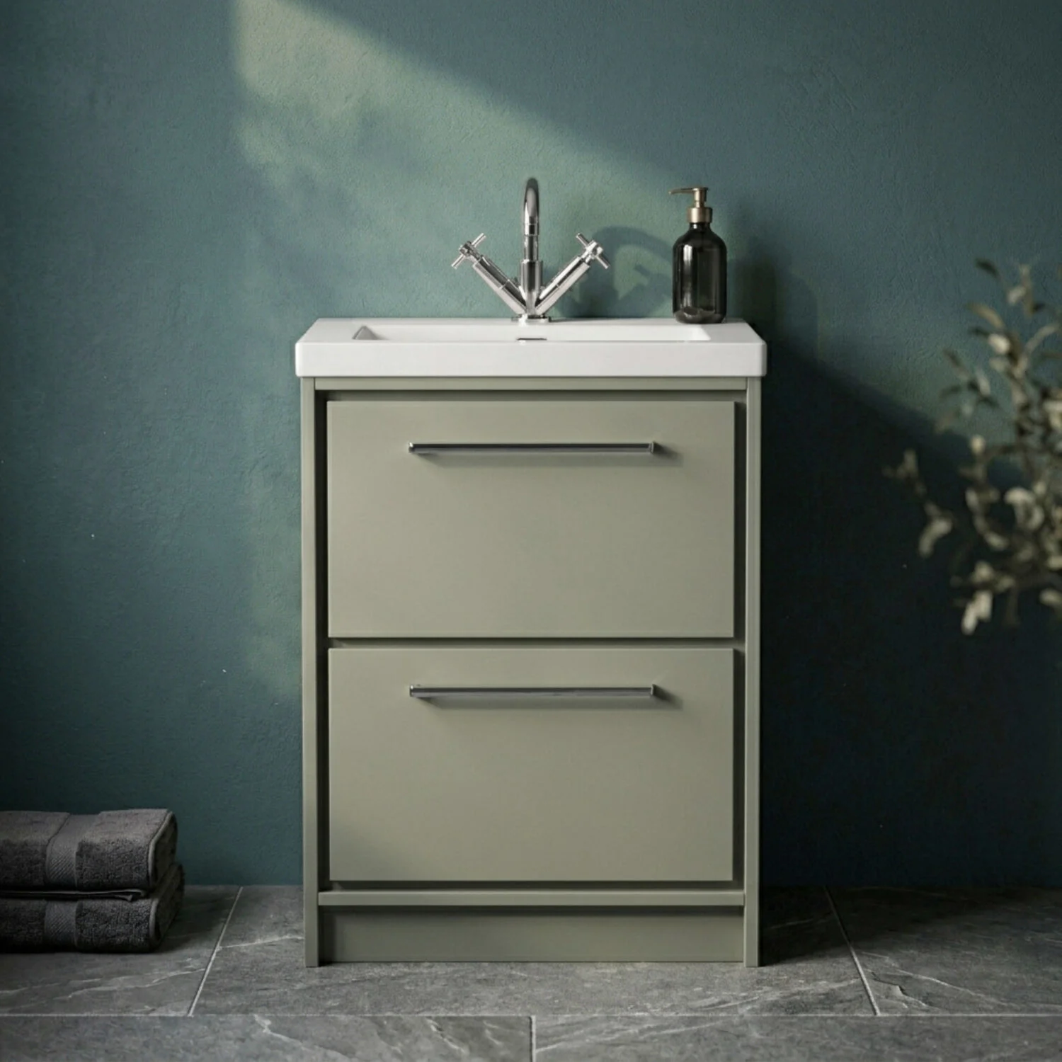 Balterley Modern Bathroom Floor Standing 2 Soft-Close Drawer Vanity Fireclay Basin, Fern Green, 600mm
