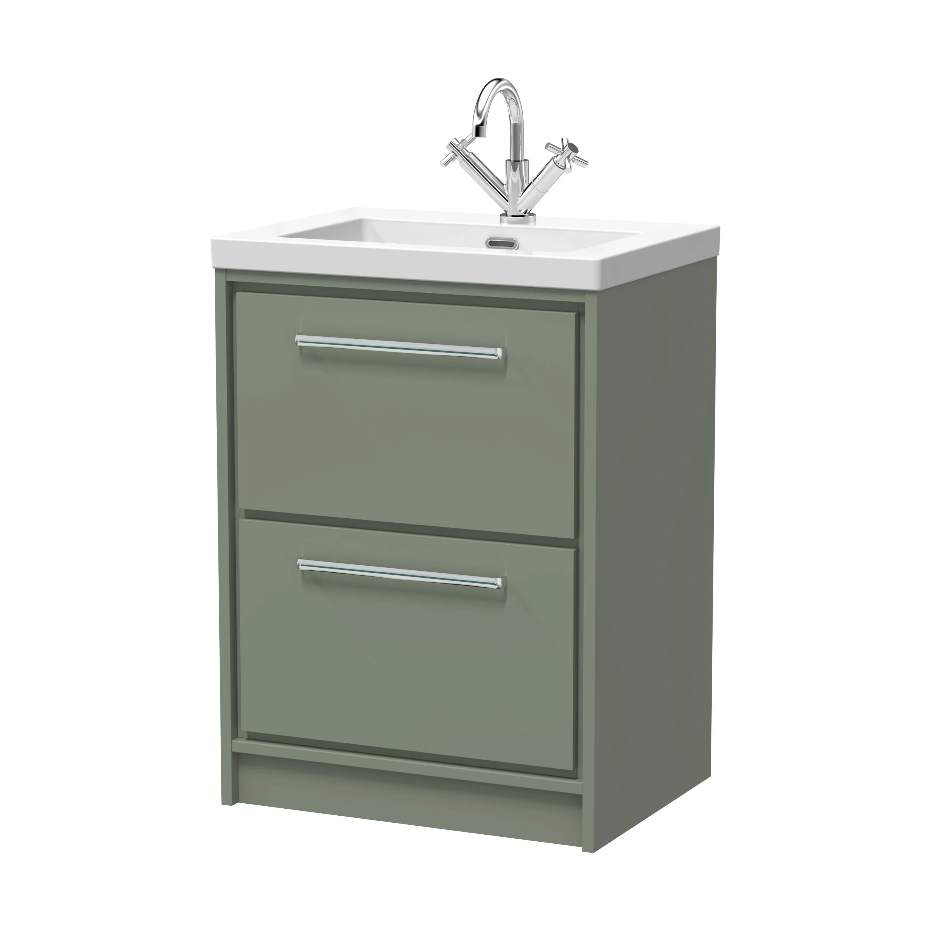 Balterley Modern Bathroom Floor Standing 2 Soft-Close Drawer Vanity Fireclay Basin, Fern Green, 600mm - Image 2