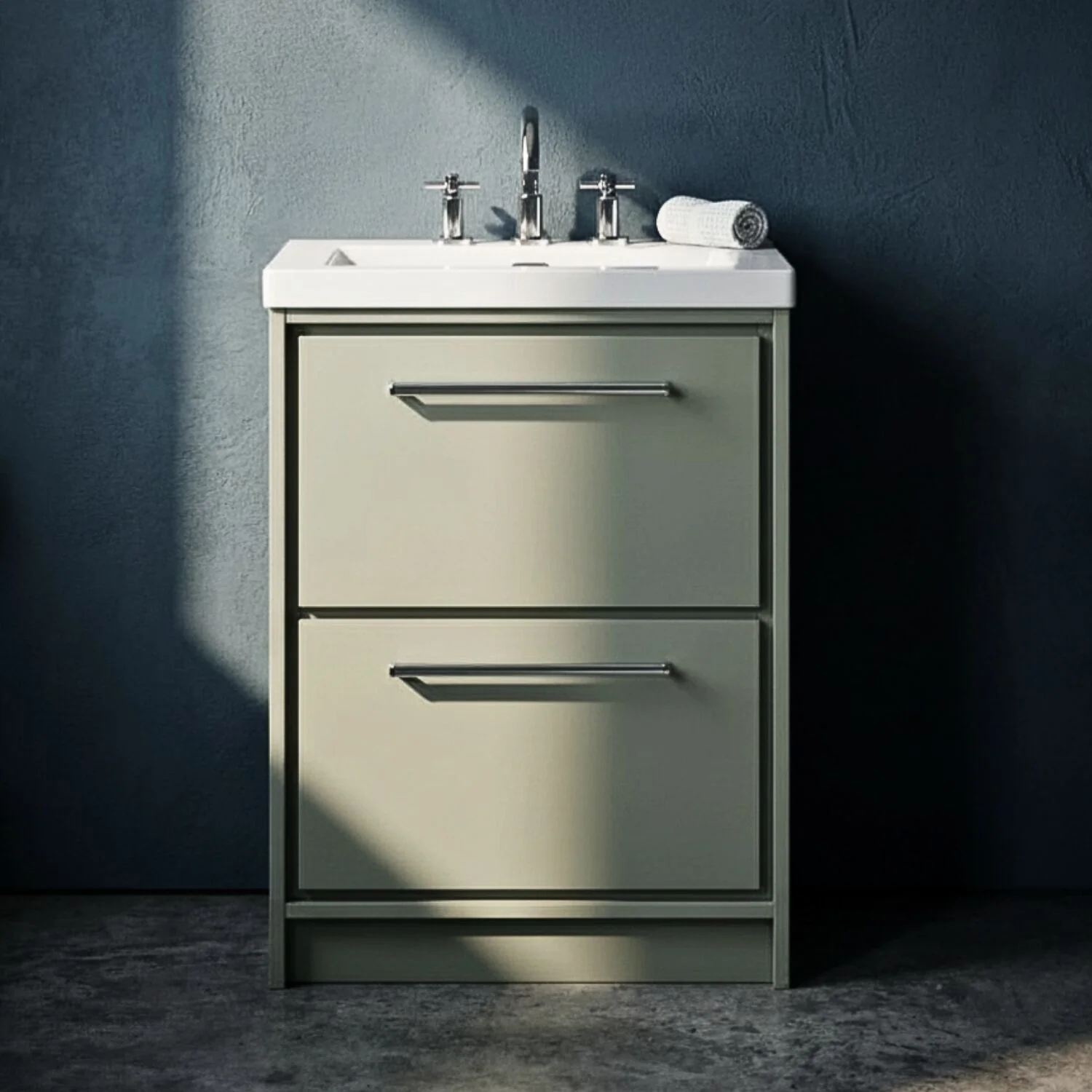 Balterley Modern Bathroom 2 Soft Close Drawer Floor Standing Vanity Unit Fireclay Basin, Fern Green, 600mm