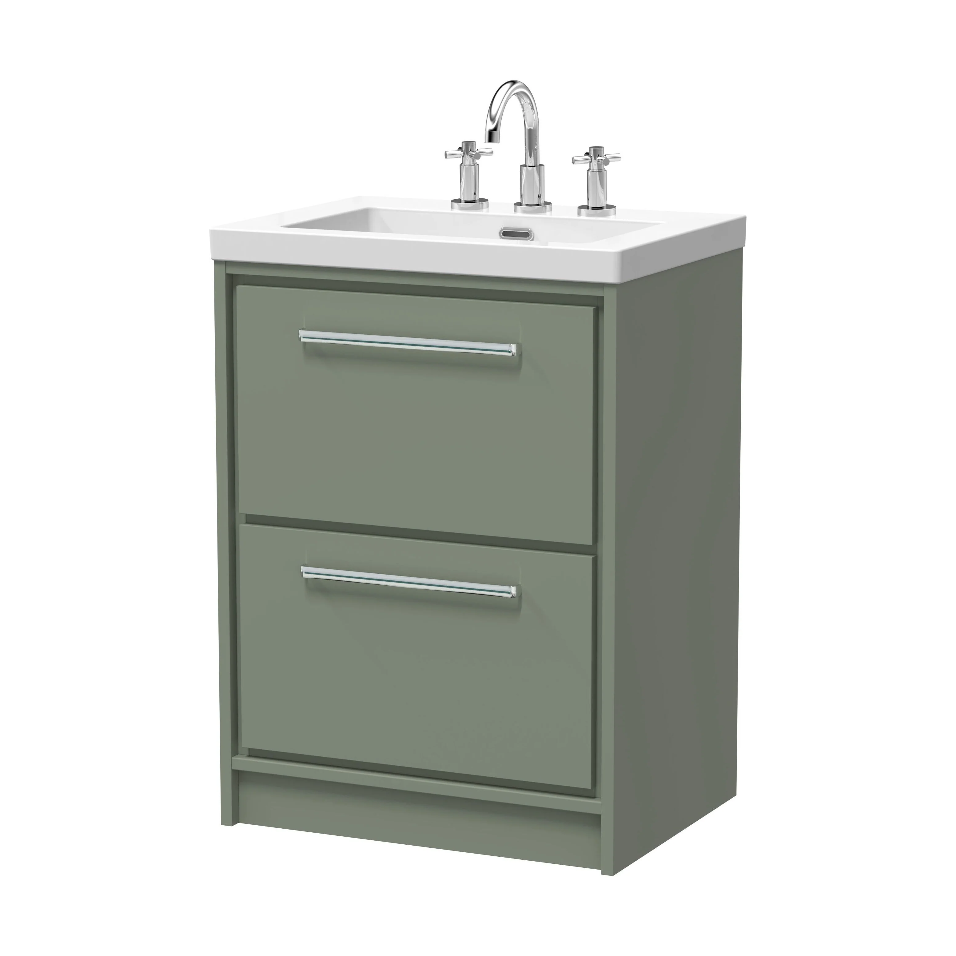 Balterley Modern Bathroom 2 Soft Close Drawer Floor Standing Vanity Unit Fireclay Basin, Fern Green, 600mm - Image 2