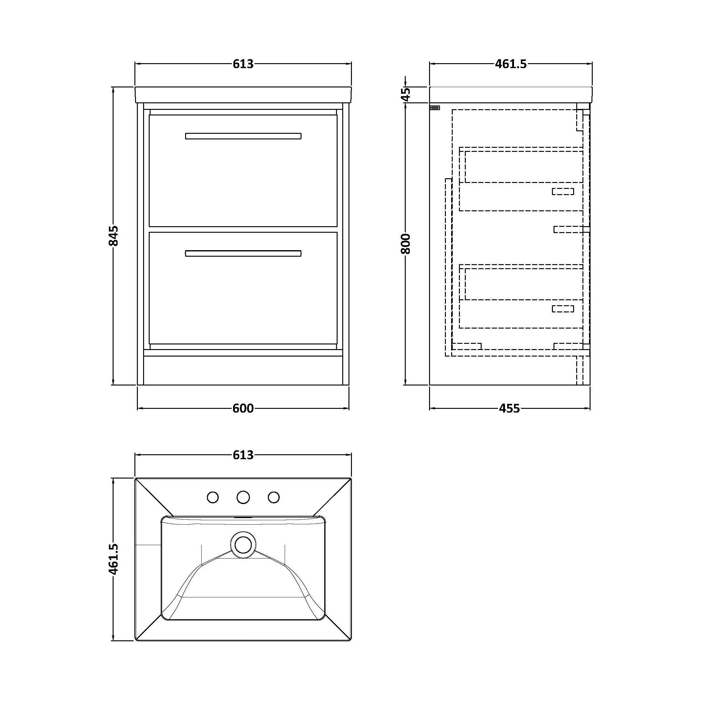 Balterley Modern Bathroom 2 Soft Close Drawer Floor Standing Vanity Unit Fireclay Basin, Fern Green, 600mm - Image 3