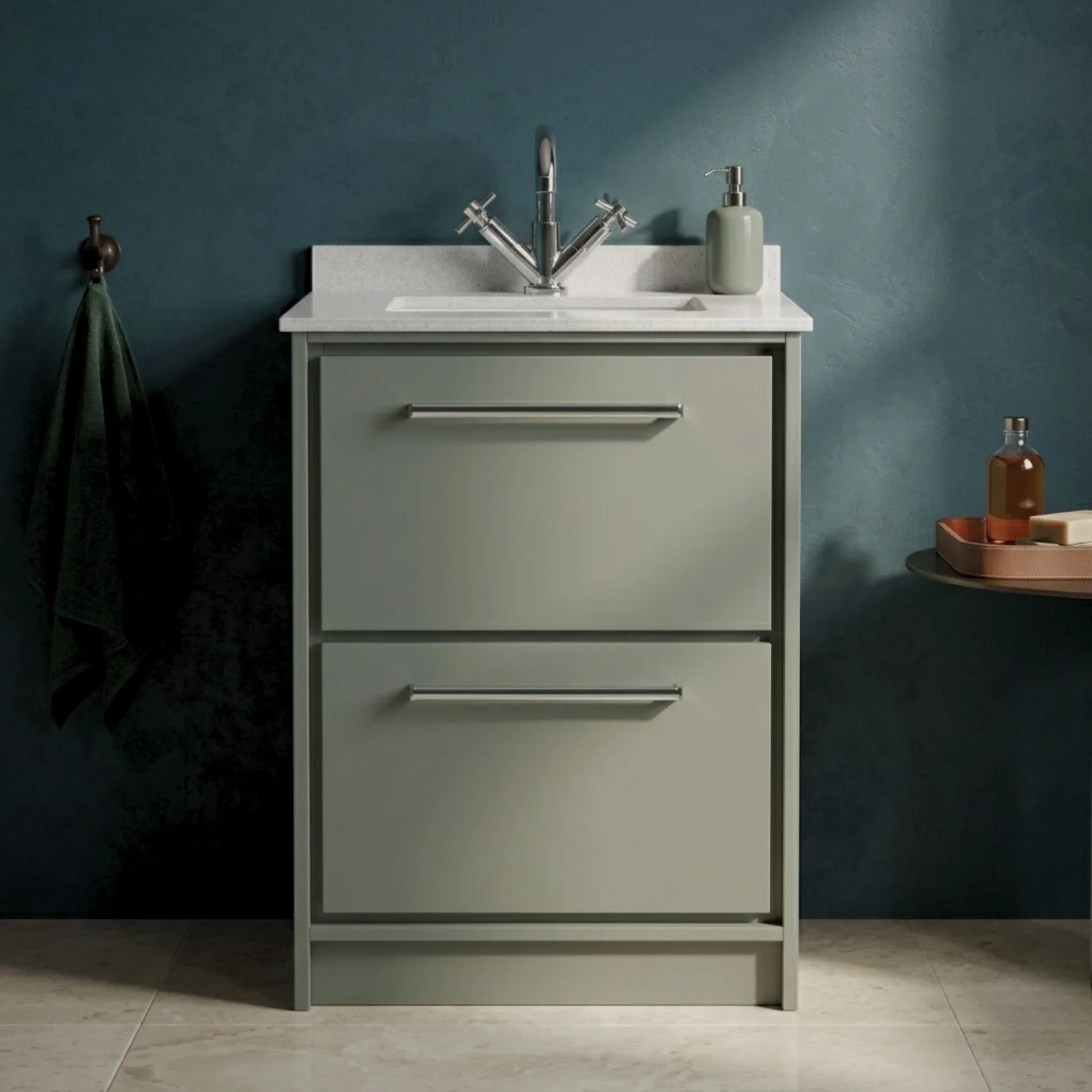 Balterley 600mm Floor Standing 2 Drawer Vanity with Marble Worktop Basin - Fern Green