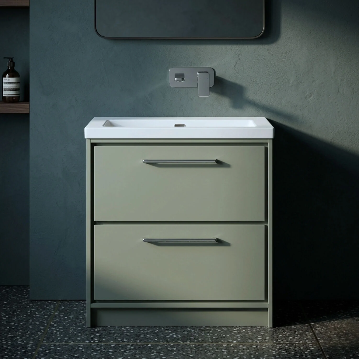 Balterley Modern Bathroom 2 Soft-Close Drawer Floor Standing Vanity Unit Fireclay Basin, Fern Green, 800mm