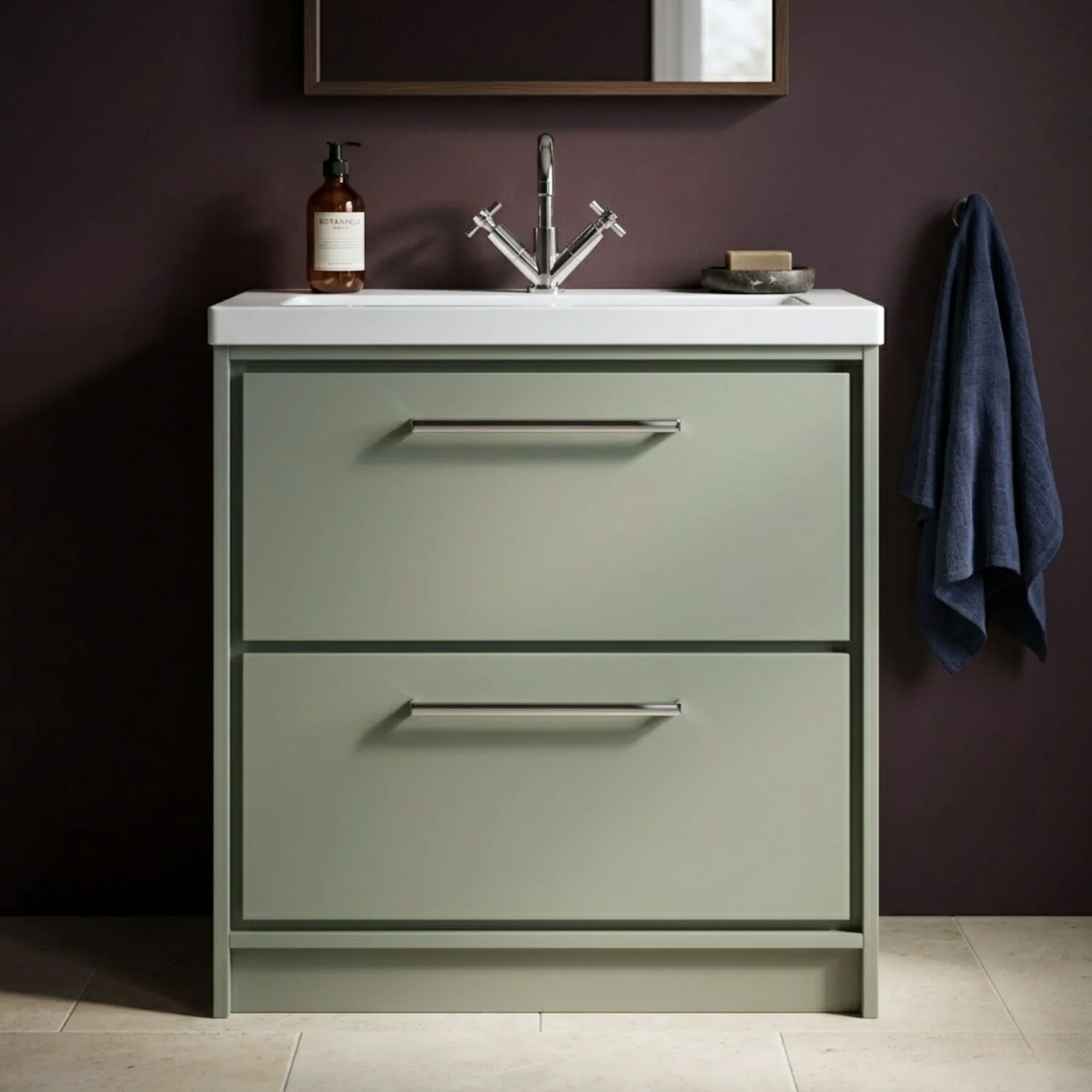 Balterley Modern Bathroom 2 Soft-Close Drawer Floor Standing Vanity Unit Fireclay Basin, Fern Green, 800mm
