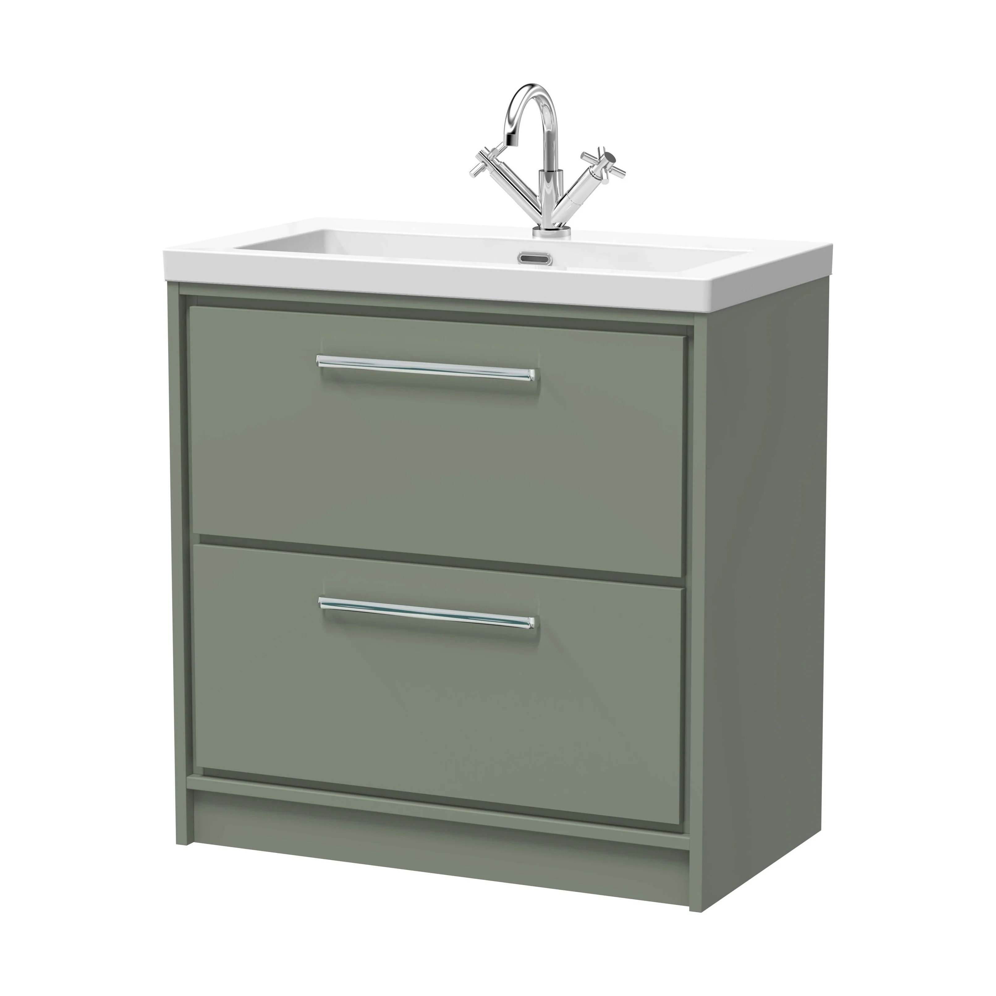 Balterley Modern Bathroom 2 Soft-Close Drawer Floor Standing Vanity Unit Fireclay Basin, Fern Green, 800mm - Image 2