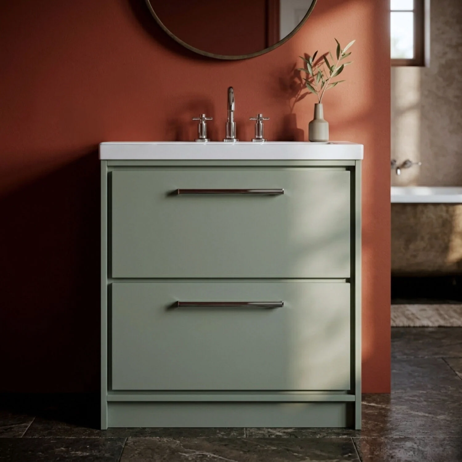Balterley Modern Bathroom 2 Soft Close Drawer Floor Standing Vanity Unit Fireclay Basin, Fern Green, 800mm